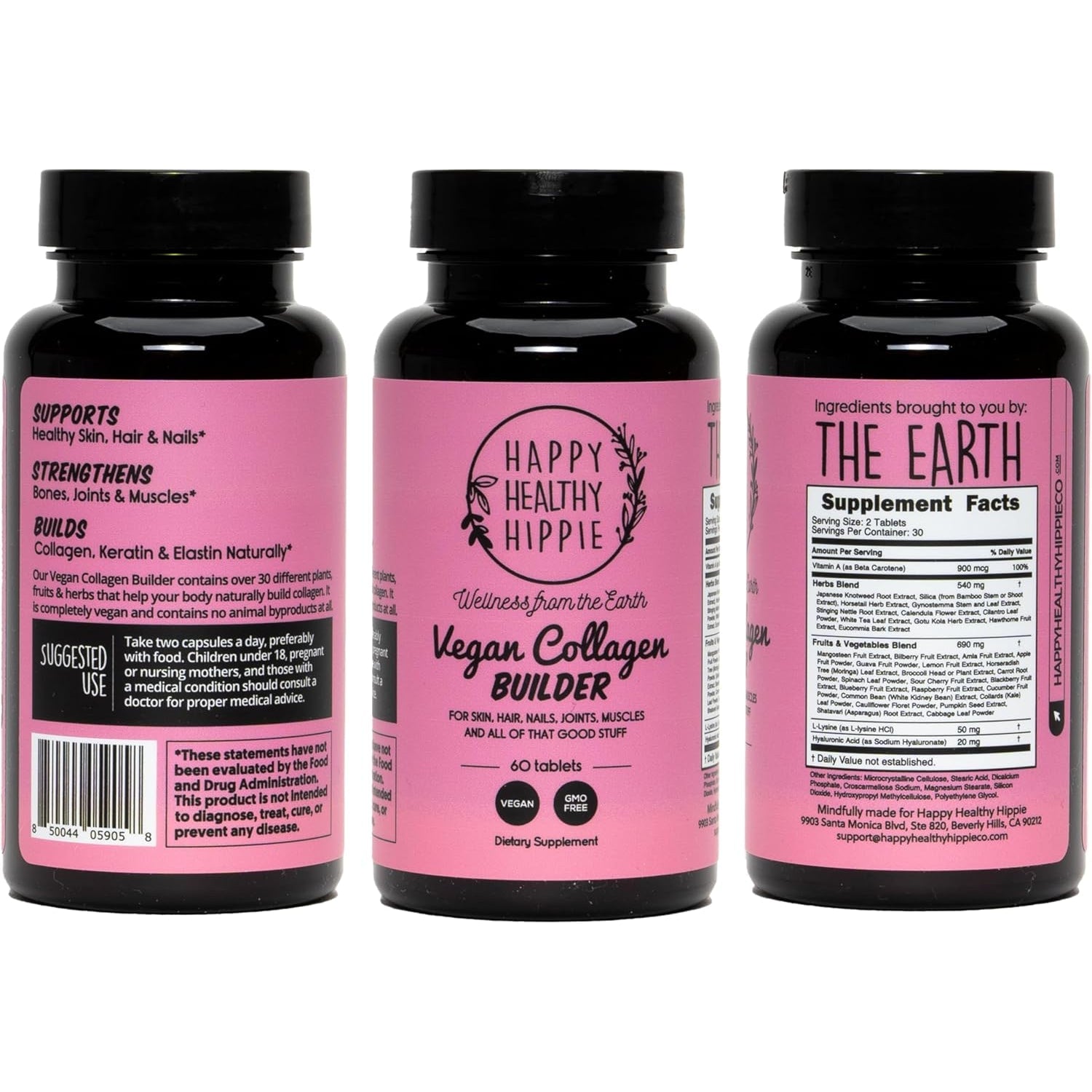 Vegan Collagen Booster - Plant-Based Supplement for Hair, Skin, Nails + Connective Tissue - Hyaluronic Acid, L-Lysine, Gotu Kola - Vegetarian Collagen Builder - Non-Gmo, Vegan, Gluten-Free, 60 Ct