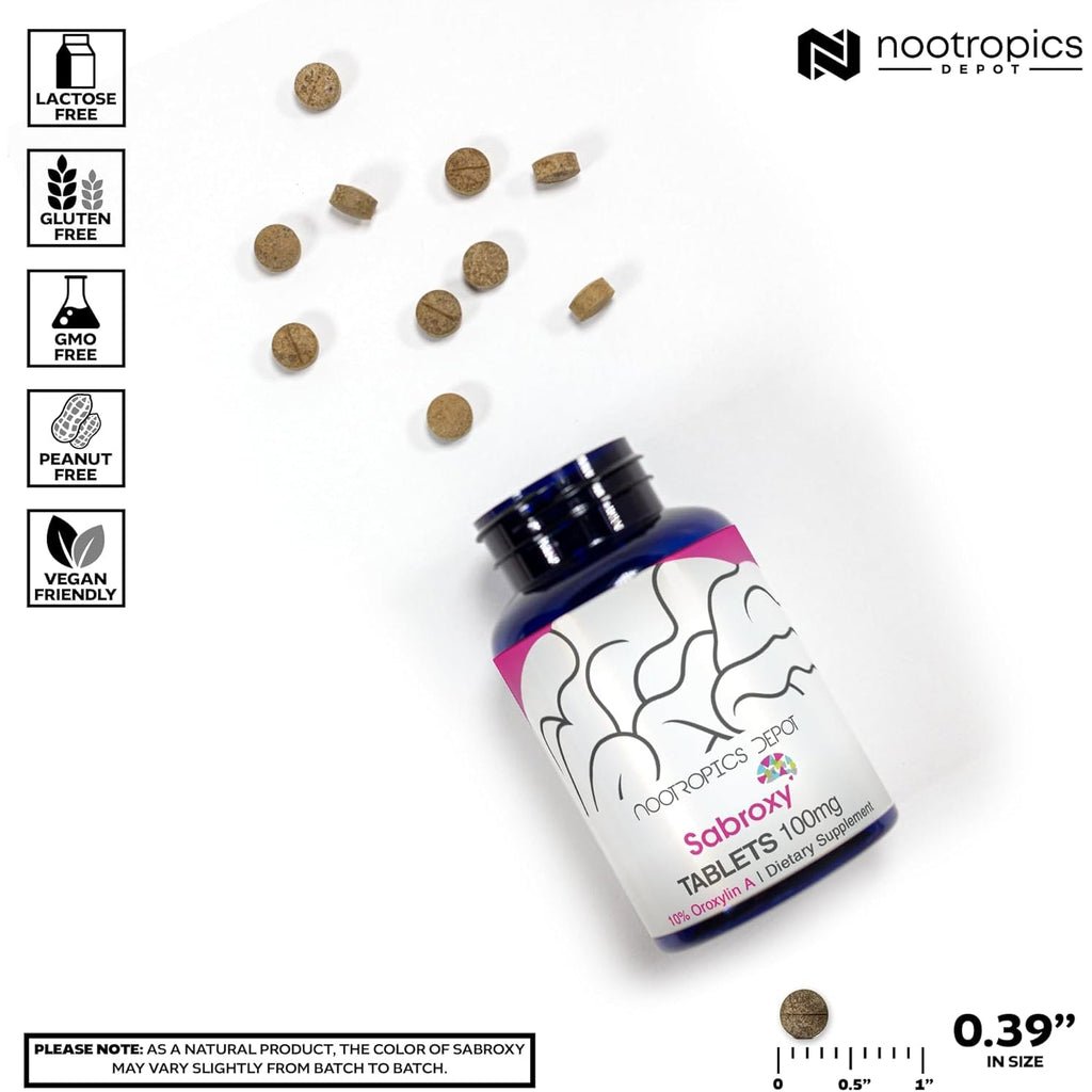 Nootropics Depot Sabroxy® Tablets | 100Mg | 90 Count | Minimum 10% Oroxylin-A | Oroxylum Indicum | May Help Promote Focus & Motivation | May Help Promote Cognitive Function