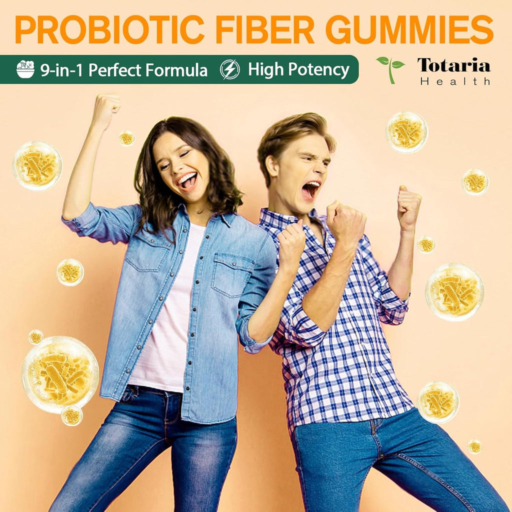 9-In-1 Probiotic Prebiotic Fiber Gummies for Adults & Teens, Fiber Supplement Pro with 5 Billion CFU Bacillus Coagulans, Psyllium Husk, FOS, Inulin, ACV for Digestion & Gut, 60 Vegan Pineapple Gummies