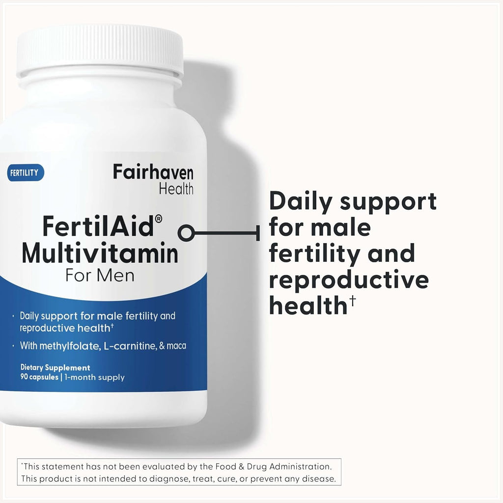Fairhaven Health Fertilaid for Men | Male Fertility Supplement for Count and Motility | Pre-Conception Support with L-Carnitine, Coq10, Maca and Zinc | 90 Capsules | 1 Month Supply