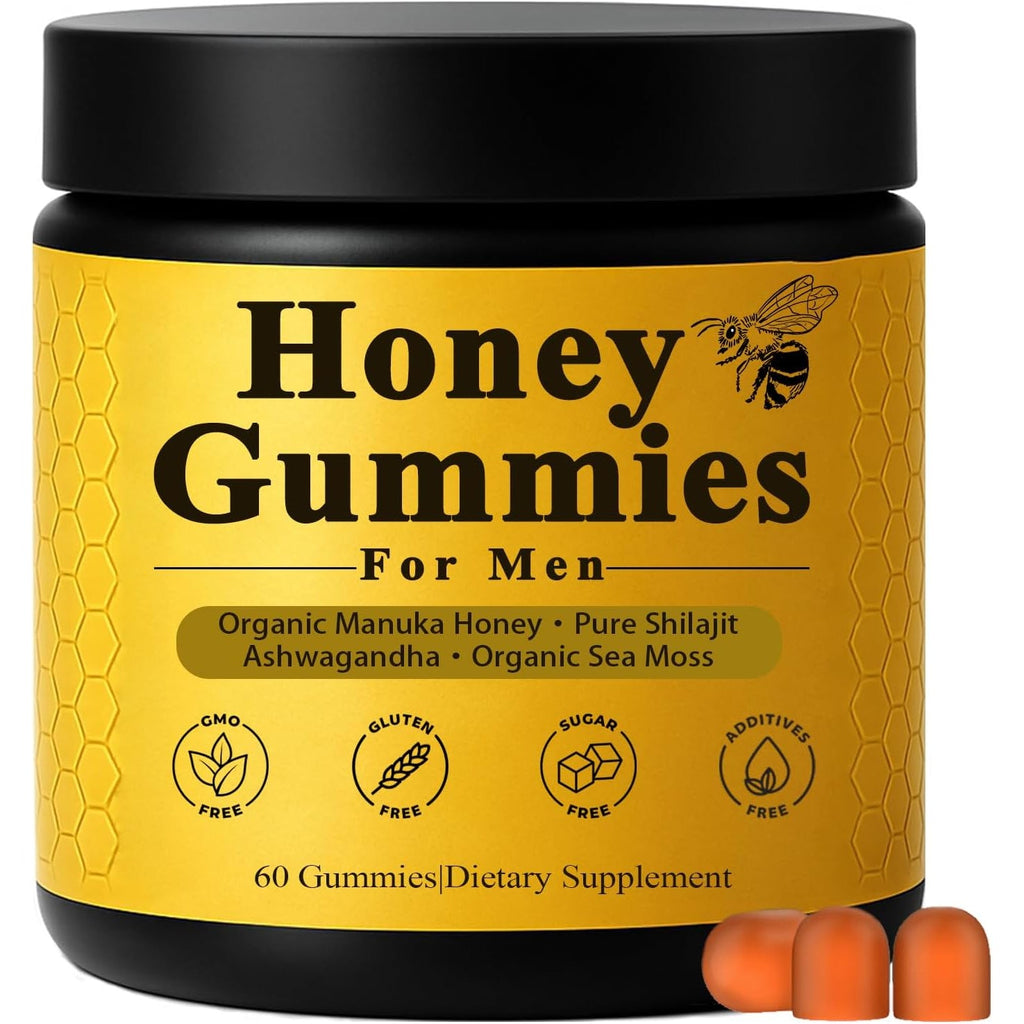 Honey Gummies for Men, Vitality Booster Manuka Honey Gummies, with Shilajit, Ashwagandha, Sea Moss, Improves Endurance, Lowers Cortisol, Reduces Fatigue, Vegan, Non-Gmo (60 Gummies) (1)