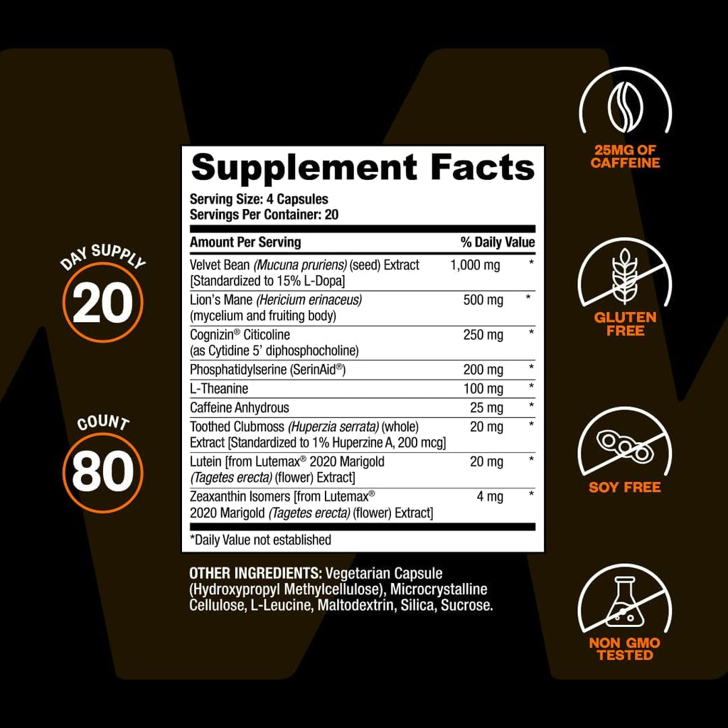 ONNIT Alpha Brain Black Label Capsules, IGEN Non-Gmo Tested Citicoline Brain Supplement for Concentration and Memory, Lion’S Mane, Lutemax Lutein, L Theanine and Mucuna Pruriens, 80 Count