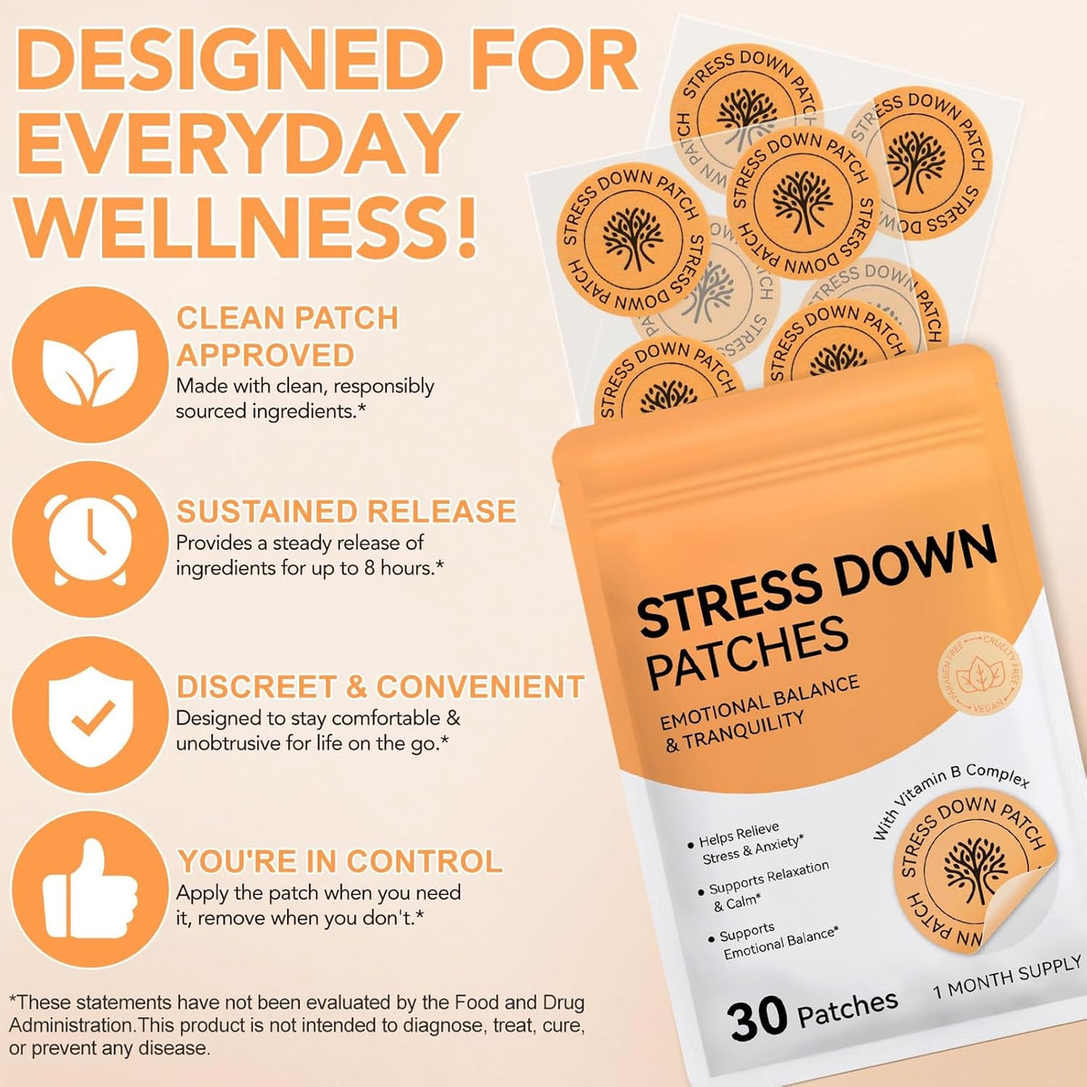 Stress down Patches - Stress & Anxiety Relief, Cortisol Level Support for Women Men, Plant-Based Formula - 30 Patches
