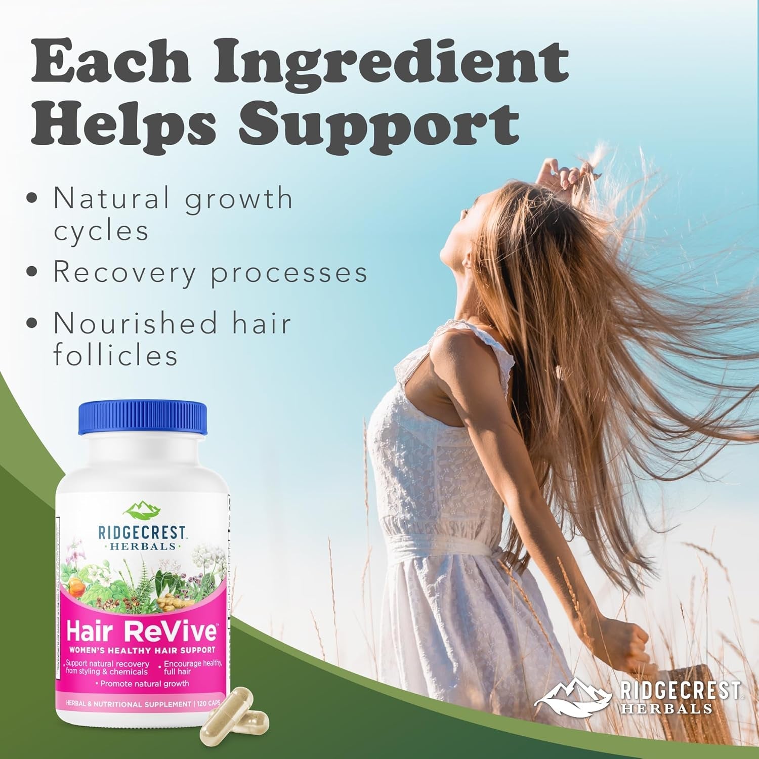 Ridgecrest Herbals Hair Revive, Nutritional Hair Supplement with Vitamin C, Biotin (6000Mcg), Zinc, and Copper, Hair Vitamins for Women to Support Healthy Hair, Skin, and Nails (120 Caps, 30 Servings)
