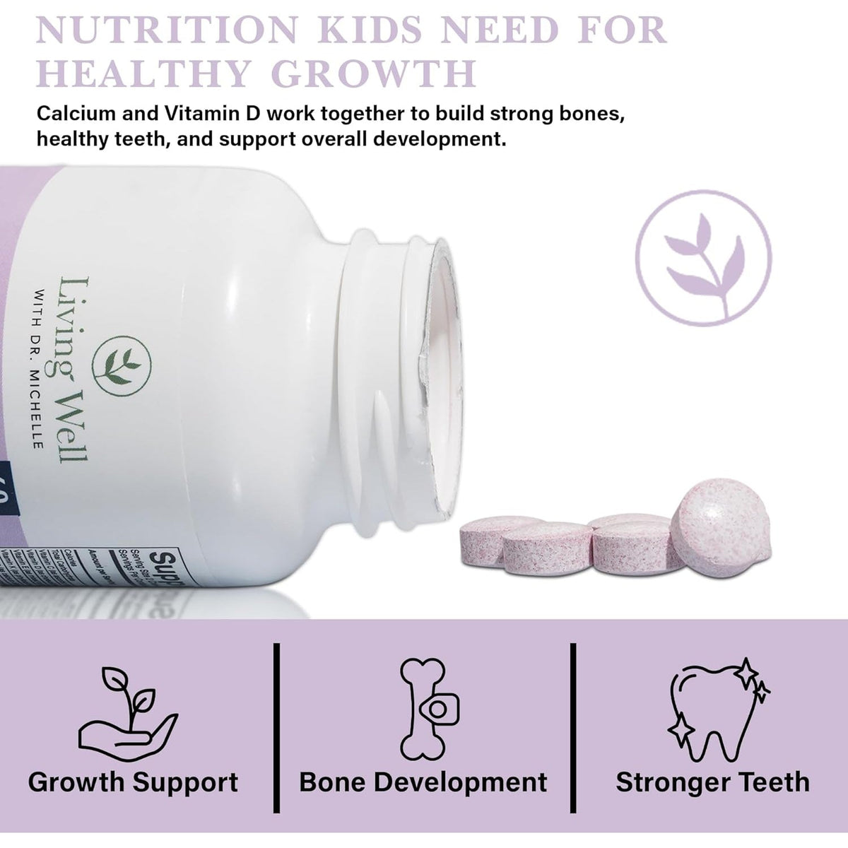Living Well Kids Calcium & Tooth Support – Chewable Bone Health Vitamins with D3 + K2, Magnesium & Zinc – Strong Teeth & Enamel Defense – Berry Flavor – Fluoride-Free, Non-Gmo