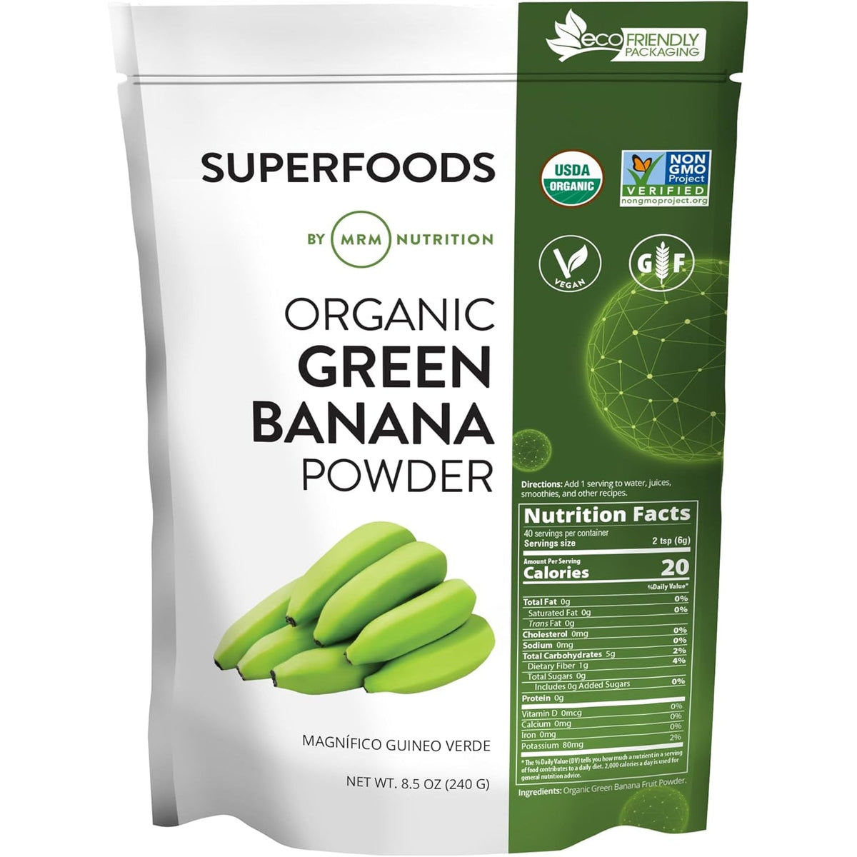MRM Organic Green Banana Powder Superfood - Prebiotic-Fiber, Digestive Resistant Starch, Flour Alternative for Baking, Cooking and Shakes, Gluten‑Free, Vegan, Non-Gmo Verified-40 Servings