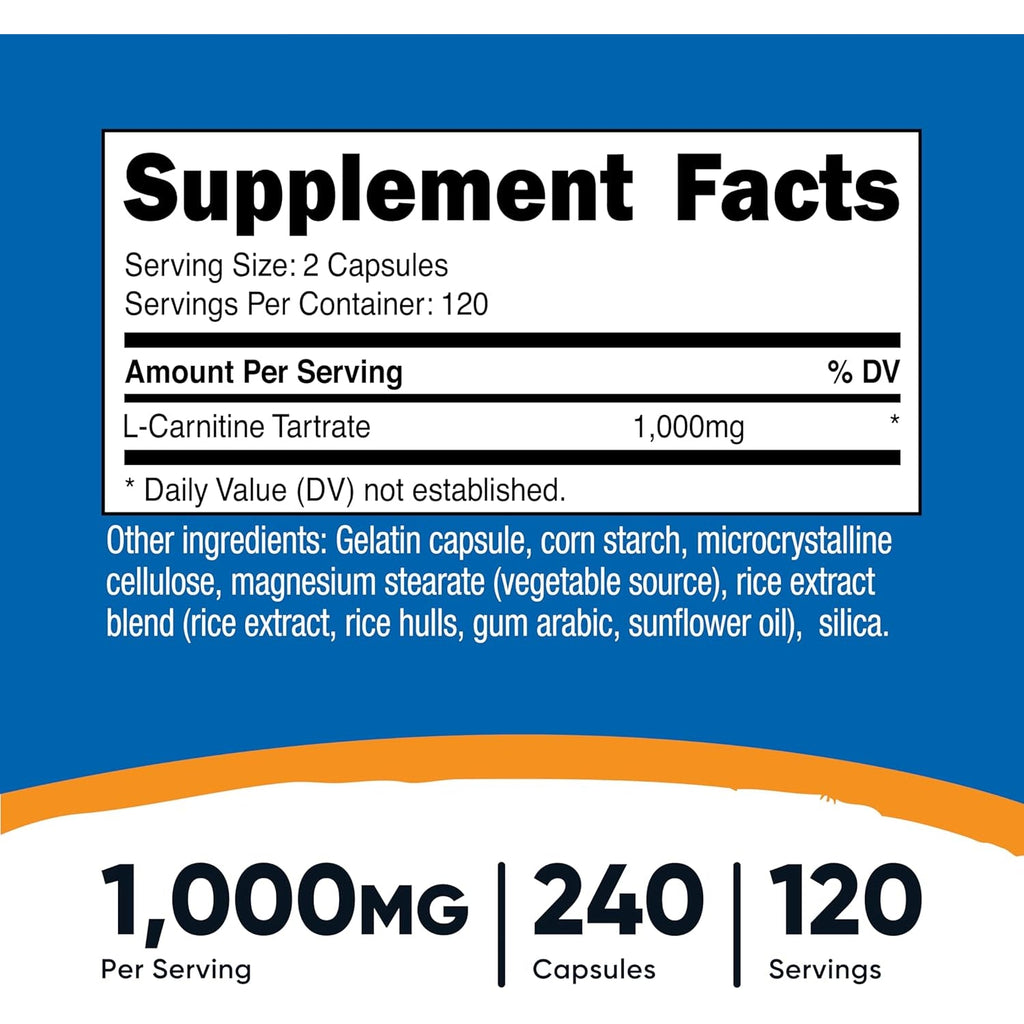 Nutricost L-Carnitine Tartrate 1,000Mg, 240 Capsules - 500Mg per Capsule, 120 Servings