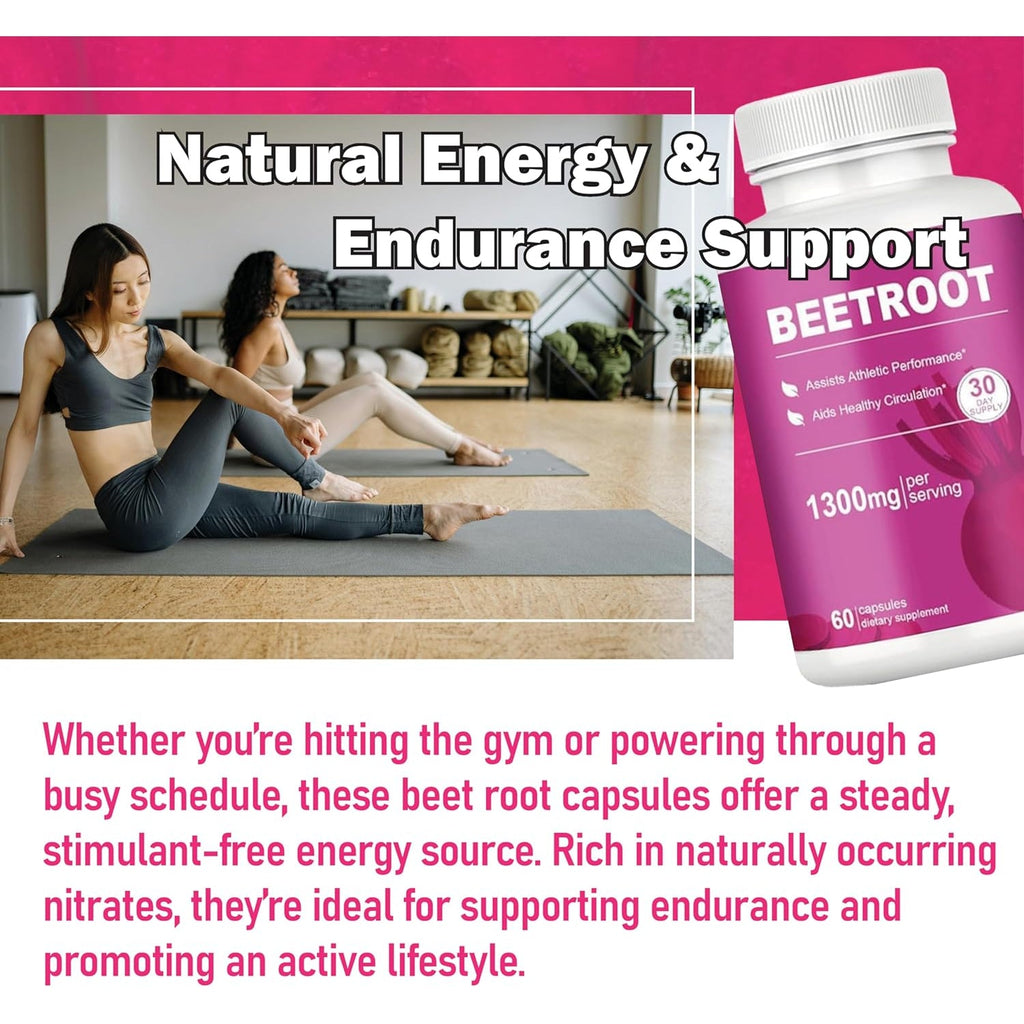 Beet Root Capsules – 1300Mg Beetroot Powder for Natural Energy & Endurance Support, Non-Gmo, 60 Capsules, 30-Day Supply (1Pc)