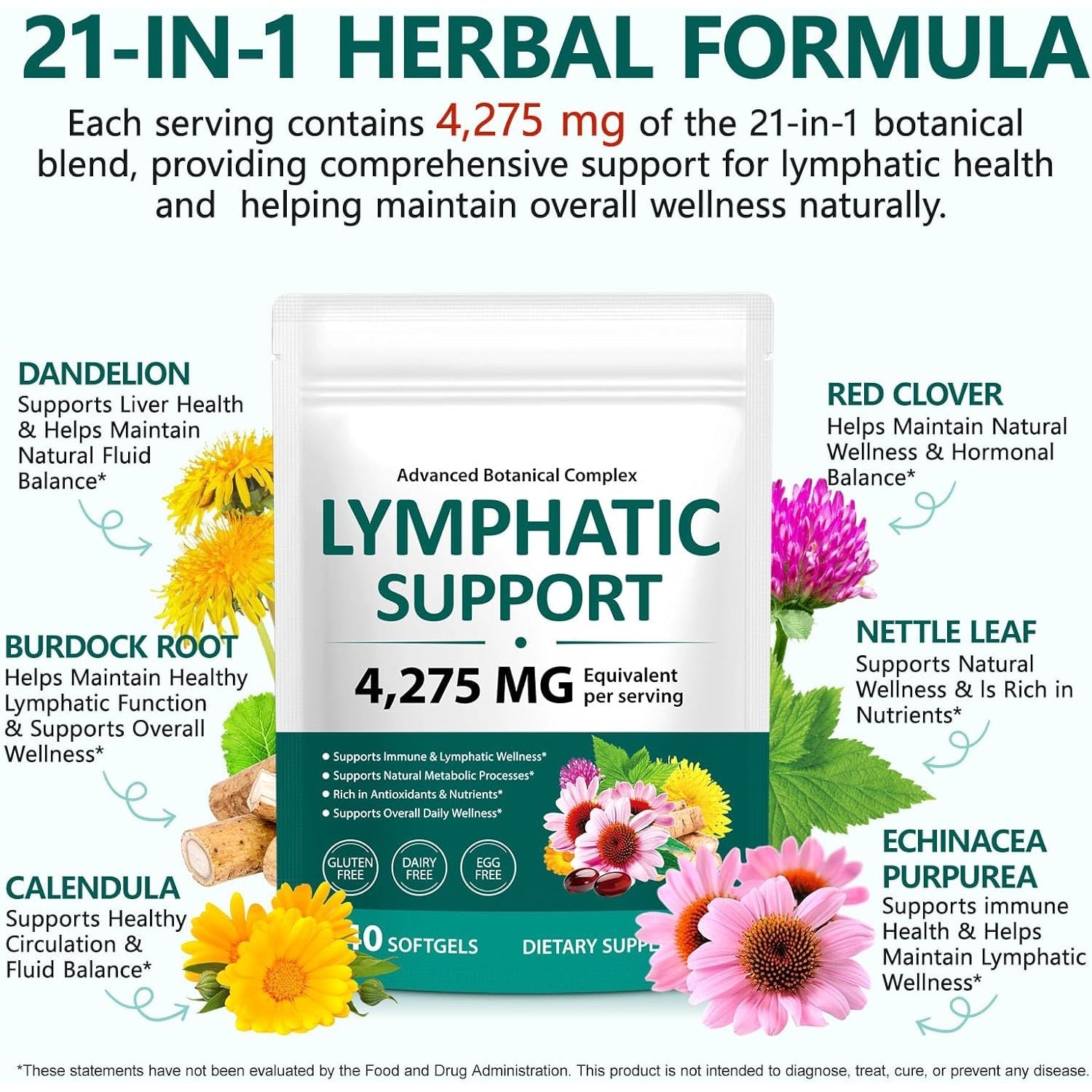 Lymphatic Drainage Supplements, 240 Softfels, 21-In-1 Natural Herbal Blends with Echinacea, Dandelion, Burdock Root for Lymph System, Immune Support, Cleanse, Less Swelling/Bloating