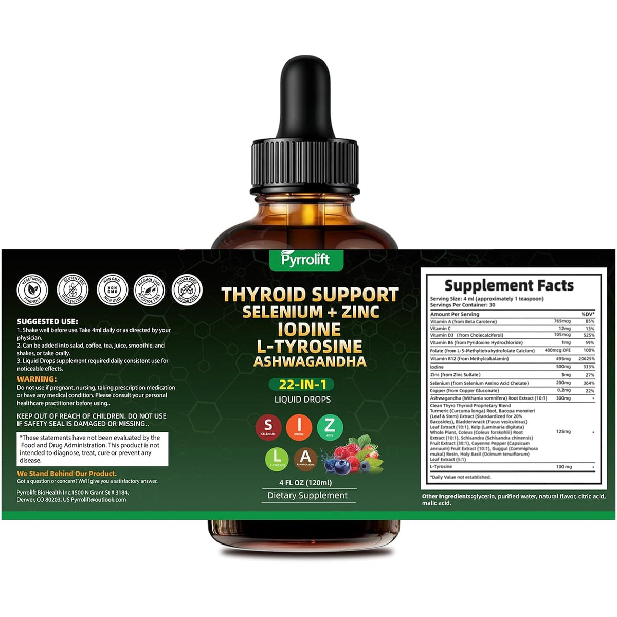 Thyroid Support for Women & Men, 22 in 1 Natural Herbal Formula Support Body Immune & Balance | Kelp Ashwagandha Turmeric Selenium Zinc L-Tyrosine Vitamin B12 | Thyroid Supplement Liquid Drops, 120 ML