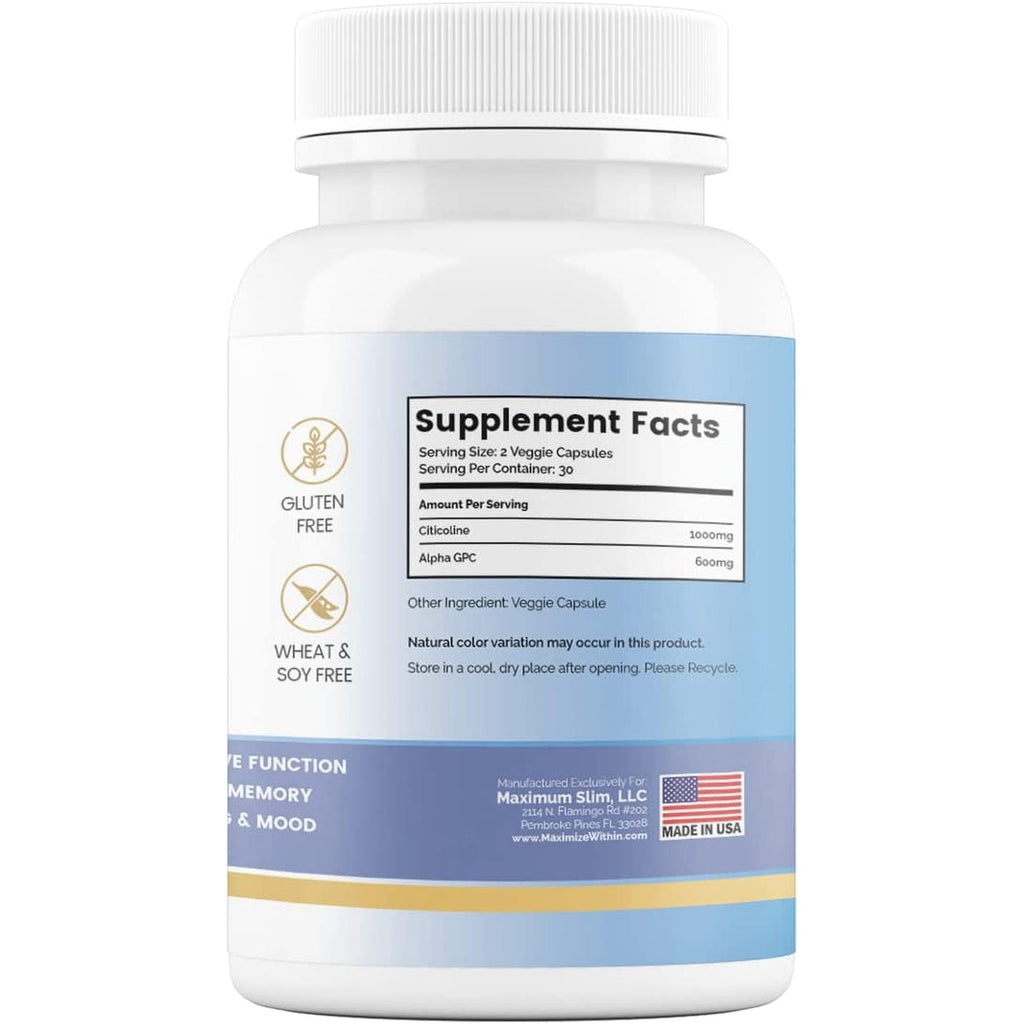 Alpha GPC + Citicoline 60 Ct, 1600Mg Concentrated Formula- 99%+Highly Purified & Bioavailable Nootropic-Cognitive Enhancer, Supports Memory, Brain Function, Boosts Focus, Mood & Energy