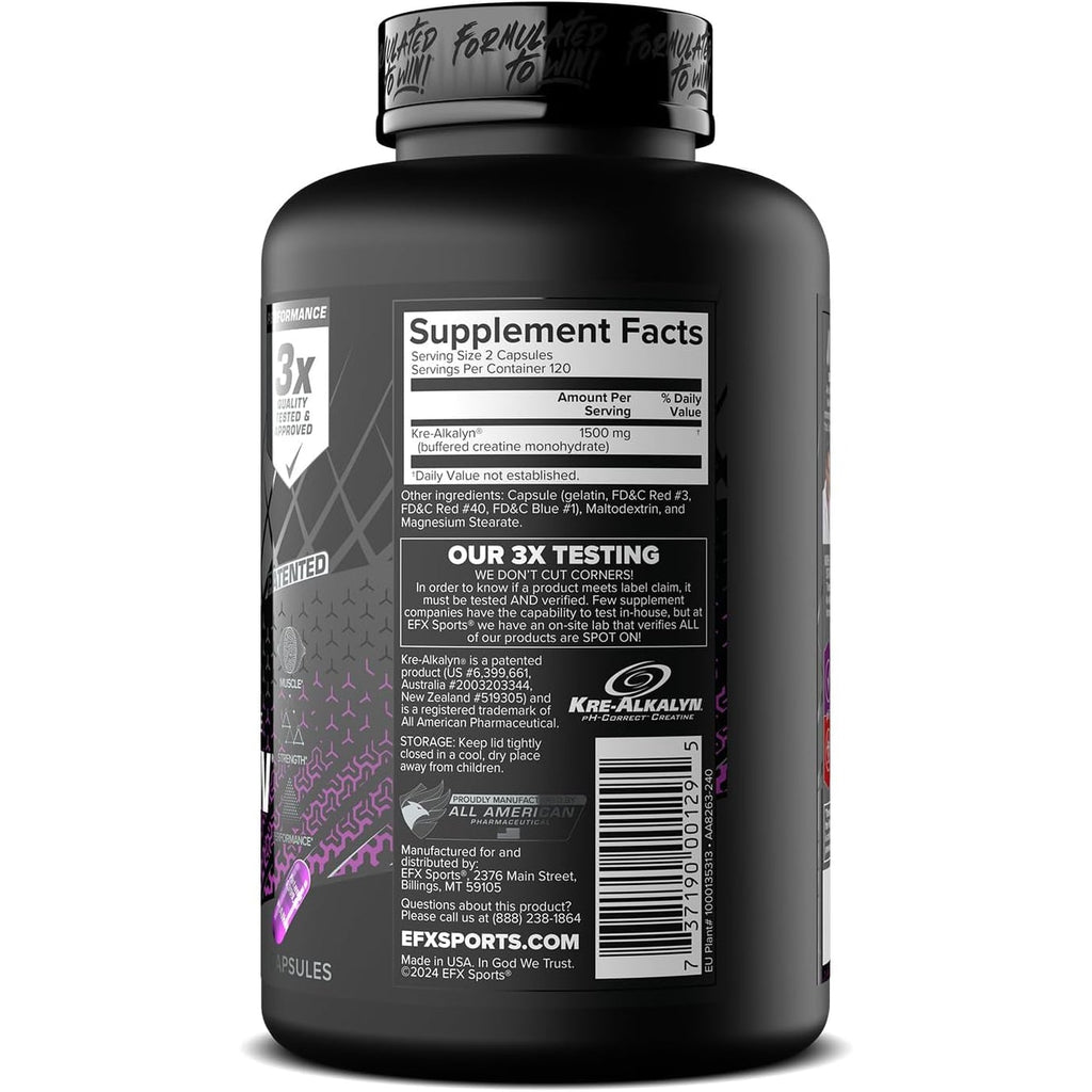 EFX Sports Kre-Alkalyn EFX | Ph Correct Creatine Monohydrate Pill Supplement | Strength, Muscle Growth & Performance | 120 Servings, 240 Capsules