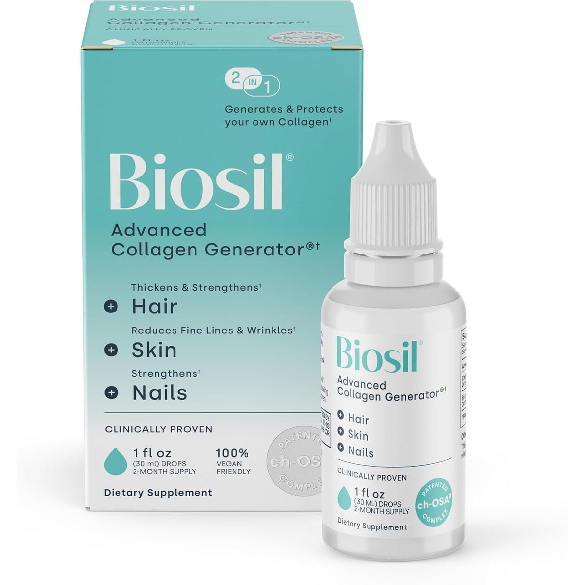 Biosil Collagen Booster Supplement - 1 Fl Oz Drops - Patented Ch-Osa Activator for Skin, Hair, Nails & Joints - Supports Natural Production - 60-Day Supply