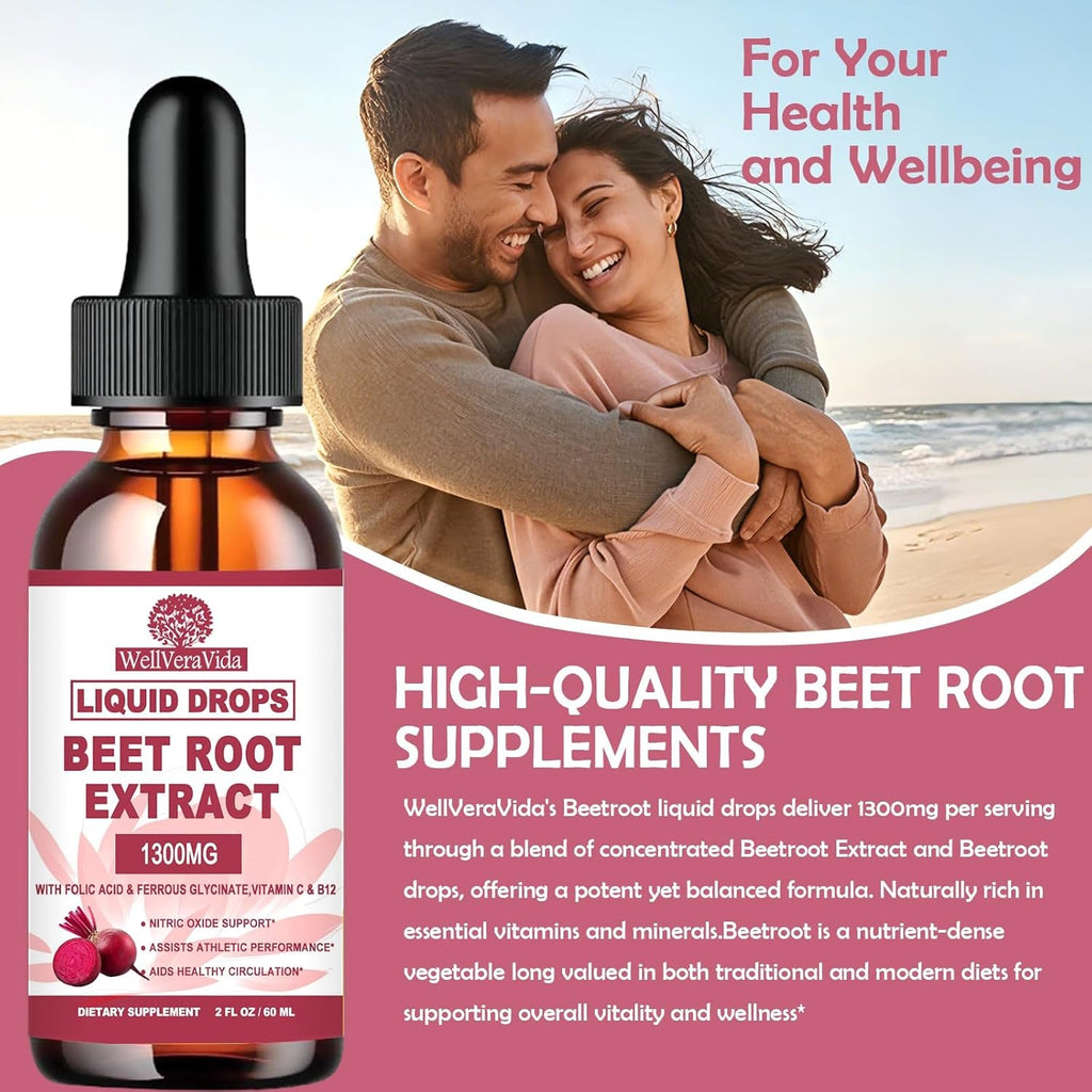 Beetroot Supplement, Organic Beet Root Extract Drops W/Iron Folic Acid, Vitamin B12 & C for Nitric Oxide Production & Healthy Blood Pressure, Superior Liquid to Beet Root Capsules or Powder丨Sugar Free