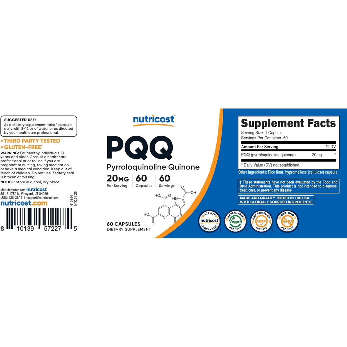 Nutricost PQQ (Pyrroloquinoline Quinone) 20Mg, 60 Capsules - Vegetarian Capsules, Non-Gmo, Gluten Free