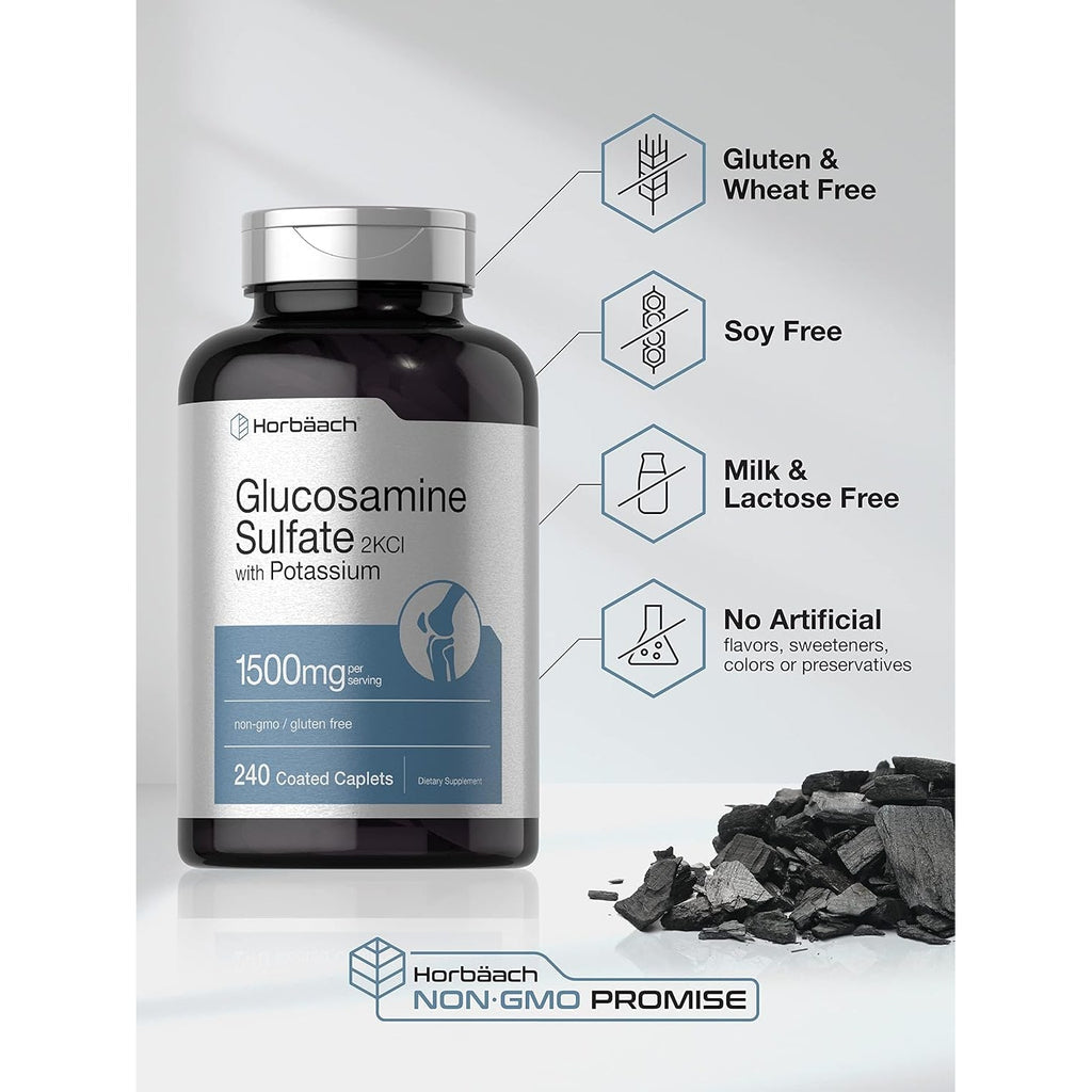 Horbäach Glucosamine Sulfate 1500Mg | 240 Caplets | 2KCI with Potassium | Non-Gmo and Gluten Free Supplement