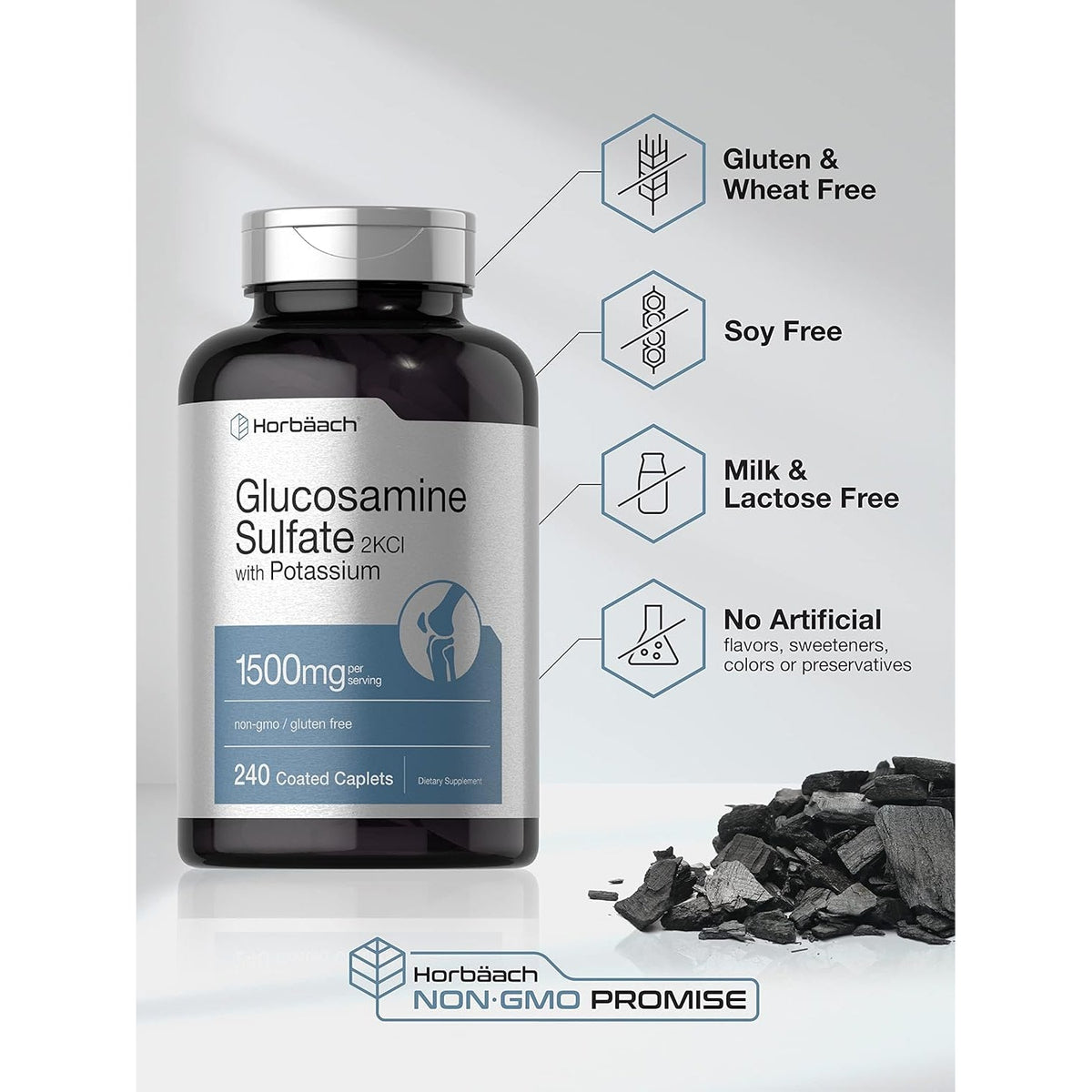 Horbäach Glucosamine Sulfate 1500Mg | 240 Caplets | 2KCI with Potassium | Non-Gmo and Gluten Free Supplement