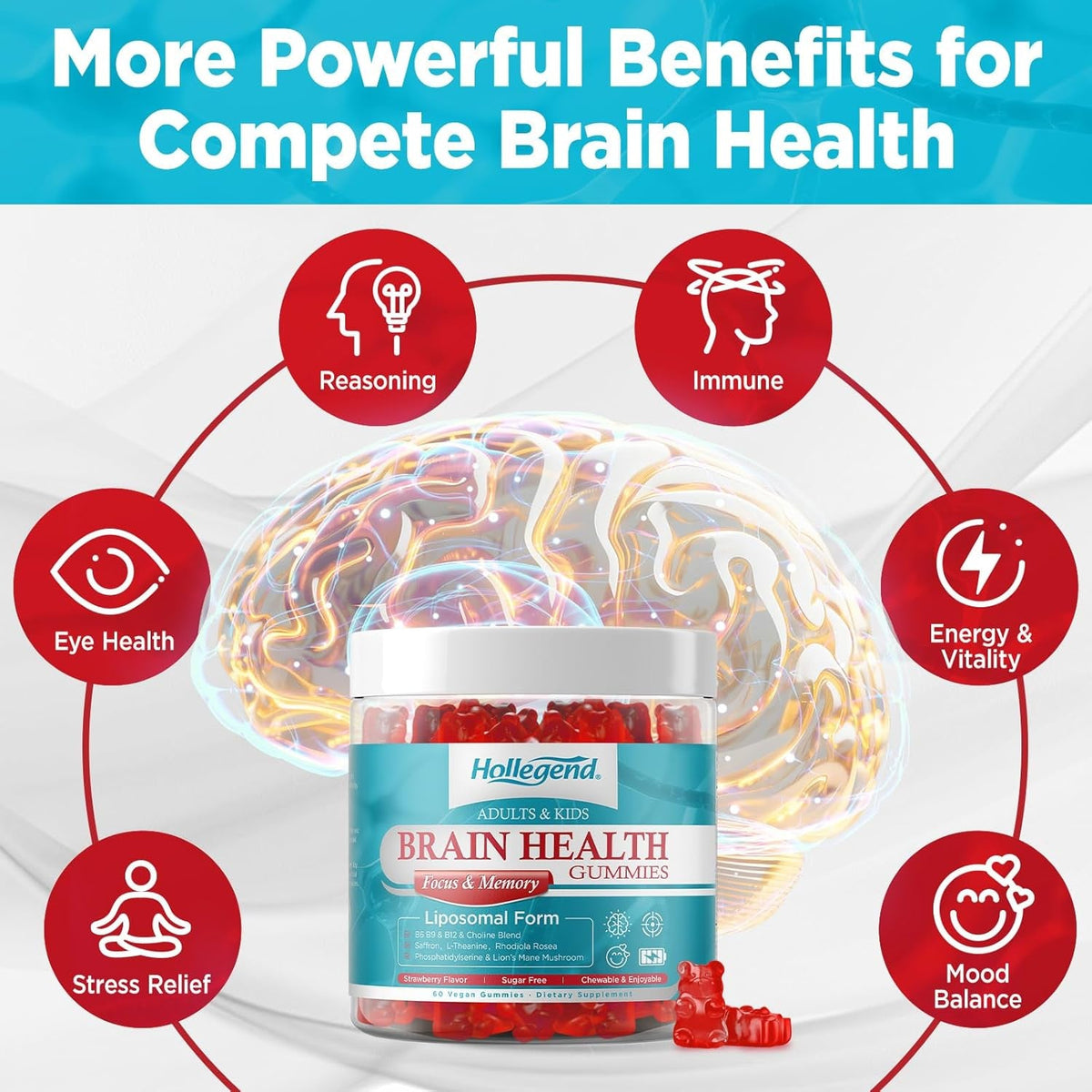 Brain Supplement Gummies, with Choline, Lion’S Mane Mushroom, Phosphatidylserine & More, Brain Supplement for Memory and Focus Support, Adults & Kids, Vegan, Sugar Free, Organic, 60 Gummies