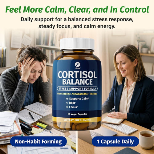1 Body Cortisol Support for Women & Men – Ashwagandha, Phosphatidylserine & Saffron – Stress Relief, Calm Mood, Balanced Energy & Sleep Support – Vegan