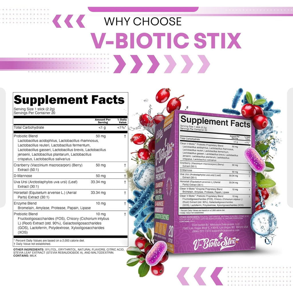 Clean Nutraceuticals Vaginal Probiotics for Women with Cranberry Extract, D-Mannose, Prebiotics, Ph Balance for Women, Vaginal Health – Womens Probiotic Alternative to Gummies - 20 Stix