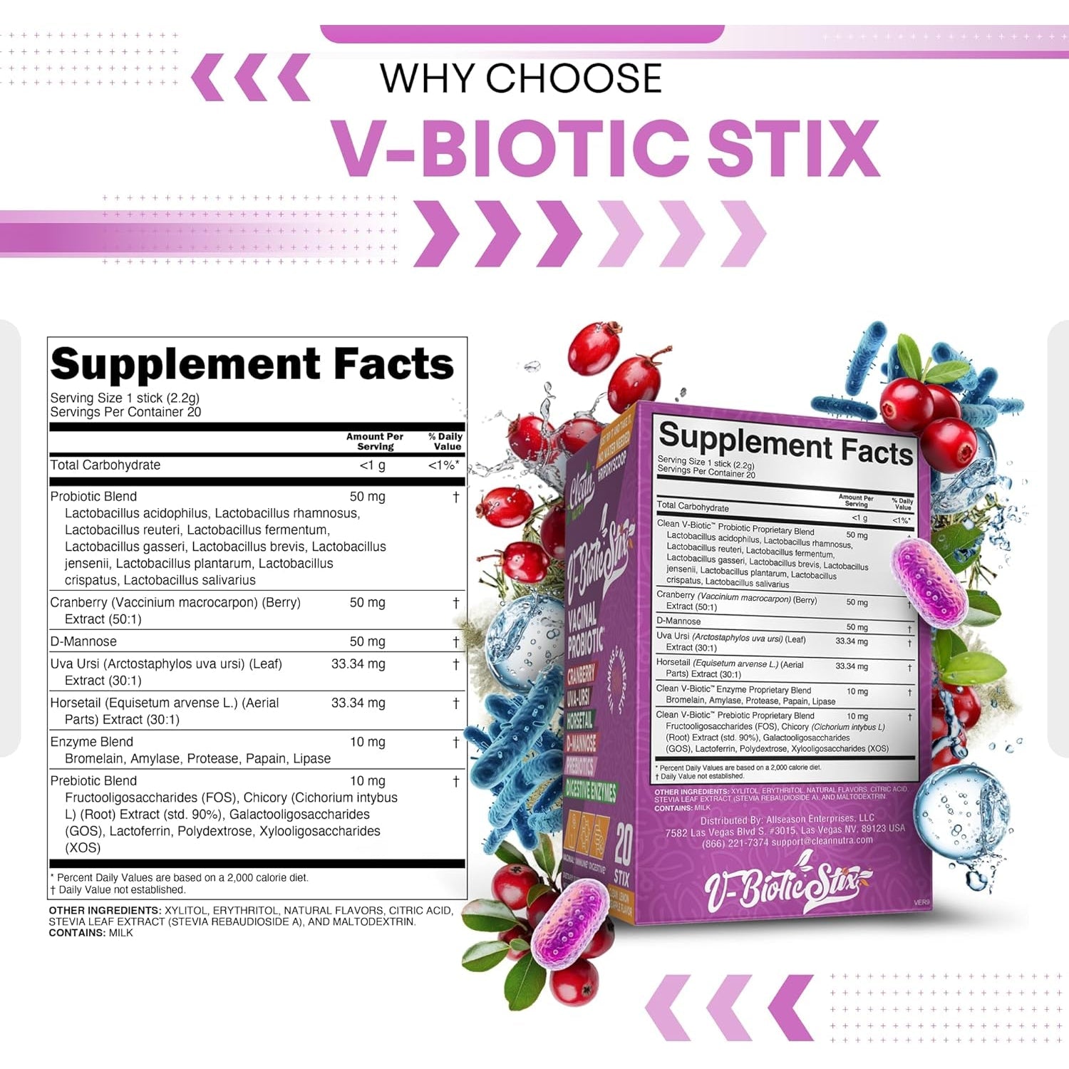 Clean Nutraceuticals Vaginal Probiotics for Women with Cranberry Extract, D-Mannose, Prebiotics, Ph Balance for Women, Vaginal Health – Womens Probiotic Alternative to Gummies - 20 Stix