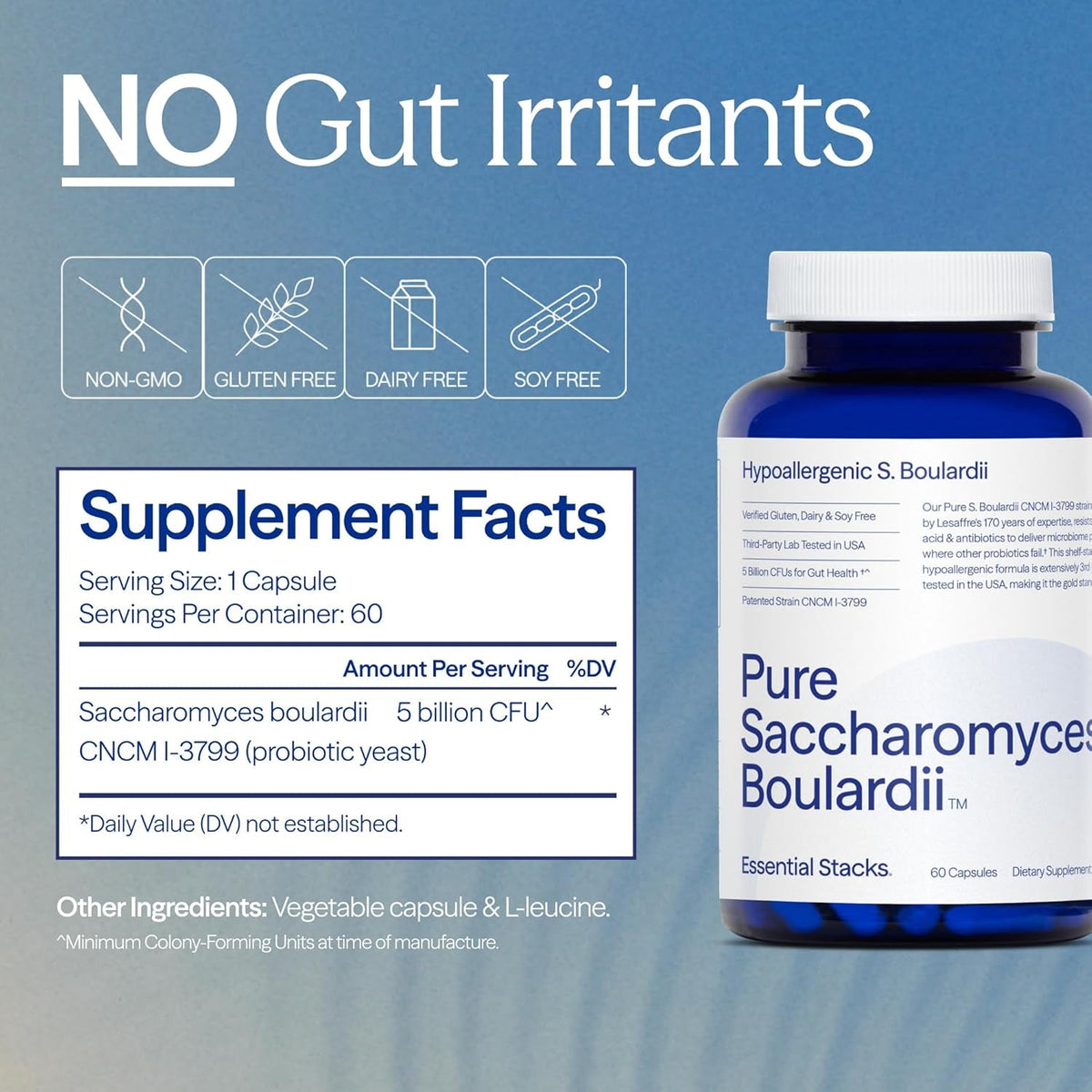 Essential Stacks Saccharomyces Boulardii Probiotics (Non-Gmo & Gluten Free) - 5 Billion Cfus for Gut Health (60 Capsules)
