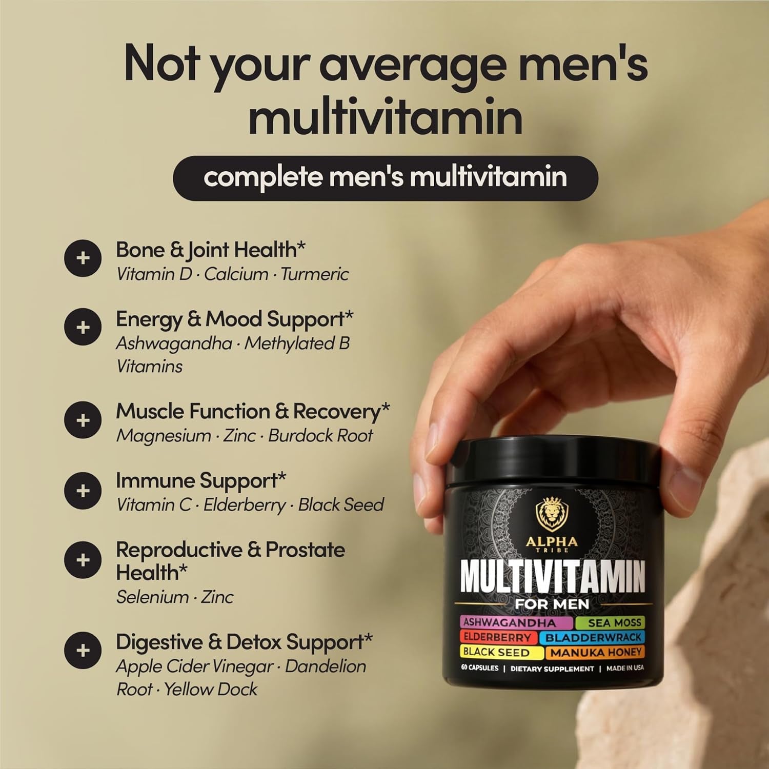 Alpha Tribe Multivitamin for Men with Seamoss Black Seed Oil Ashwagandha Burdock Root, Turmeric Bladderwrack, Vitamin C, Elderberry, Manuka, Yellow Dock | Daily Men'S Vitamins and Minerals Supplement