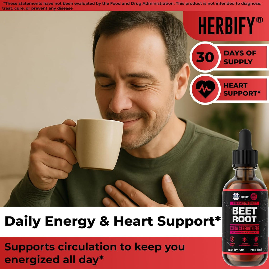 HERBIFY Beet Root Extract - Blood Pressure Supplement & Nitric Oxide Booster - Beetroot Supplement for Heart Health and Energy Booster for Men & Women (30 Days Supply) Made in USA 2 FL Oz