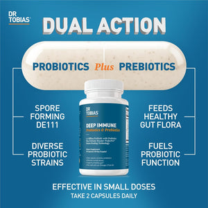 Dr. Tobias Deep Immune Probiotics & Prebiotics - Dual Action Digestion & Immune Support with Preforpro Prebiotics & Delayed Release Spore Forming Probiotics for Women & Men - 60 Capsules (30 Servings)