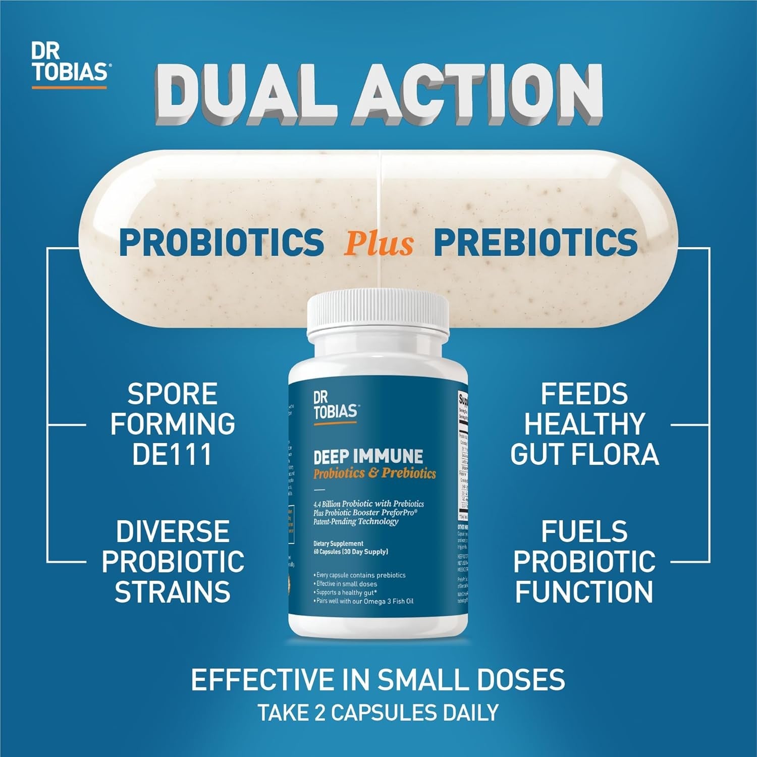 Dr. Tobias Deep Immune Probiotics & Prebiotics - Dual Action Digestion & Immune Support with Preforpro Prebiotics & Delayed Release Spore Forming Probiotics for Women & Men - 60 Capsules (30 Servings)