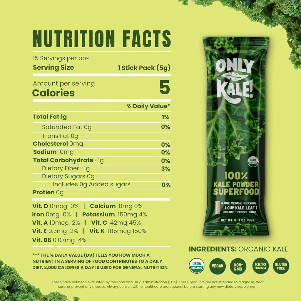 Onlykale™ Kale Powder - 1 Month Supply (15 Sticks) - Organic Green Superfood - USDA Organic, Clean Greens for Smoothies & Juices, Single-Serving Sticks