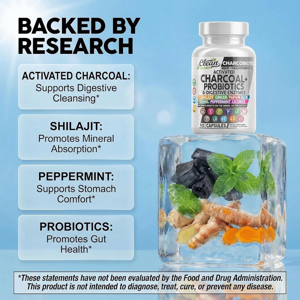 Activated Charcoal Pills for Gas Relief and Debloat, Charcobiotic with Probiotics Digestive Enzymes Shilajit Peppermint Fennel Ginger Turmeric Licorice Root Aloe Vera Ceylon Cinnamon, Clean Nutra 90Ct