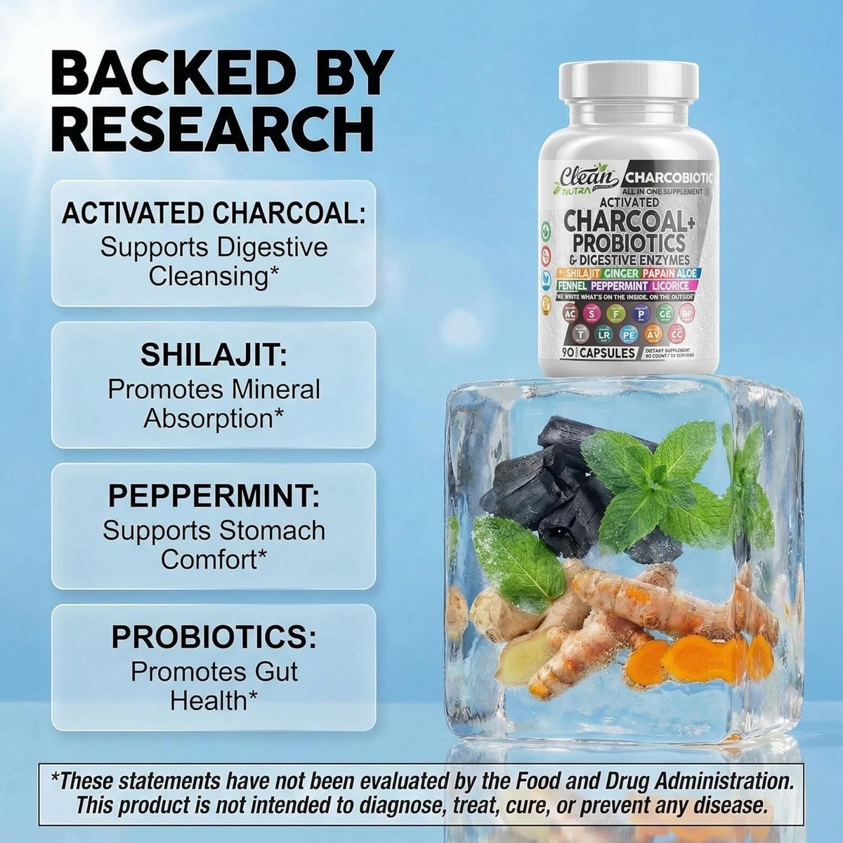 Activated Charcoal Pills for Gas Relief and Debloat, Charcobiotic with Probiotics Digestive Enzymes Shilajit Peppermint Fennel Ginger Turmeric Licorice Root Aloe Vera Ceylon Cinnamon, Clean Nutra 90Ct