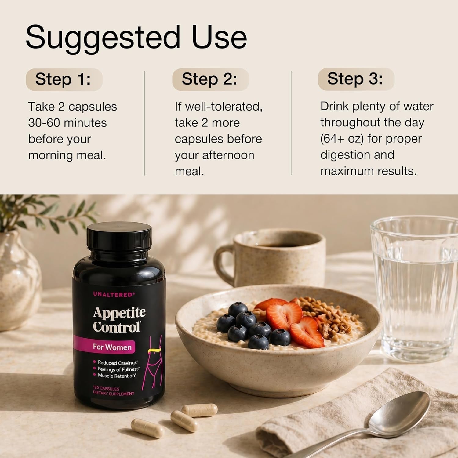 UNALTERED Appetite Control for Women - Support Cravings, Fullness, & Weight Management - Dietary Supplement with Chromium Picolinate & Glucomannan - 120 Vegan Capsules