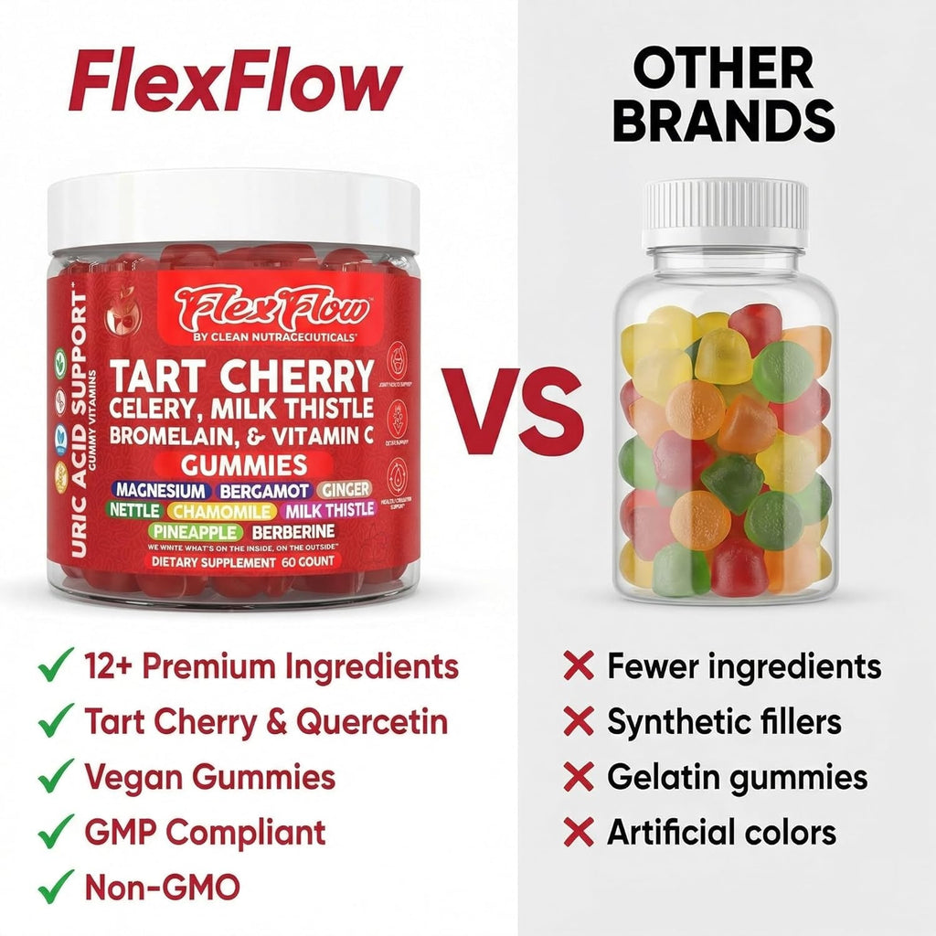 Clean Nutra Tart Cherry Gummies Uric Acid Flush Celery Milk Thistle Bromelain Vitamin C Magnesium Citrus Bergamot Ginger Stinging Nettle Leaf Chamomile Berberine Quercetin Support 60 Gummy Vitamins