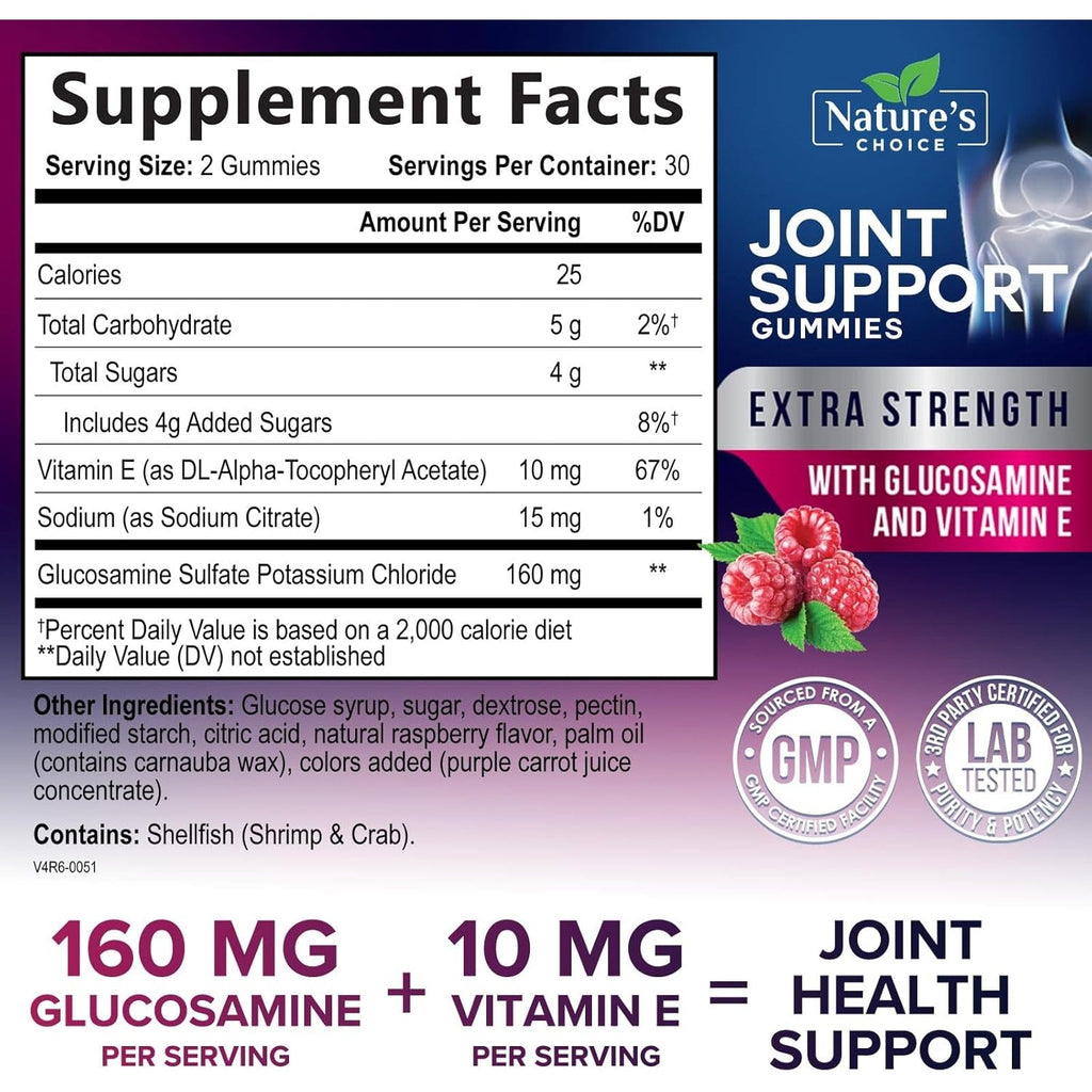 Joint Support Gummies - Extra Strength Glucosamine Gummy Supplement with Vitamin E - Natural Cartilage Joint Health & Flexibility Support, Best Support Glucosamine Chew for Men & Women - 60 Gummies