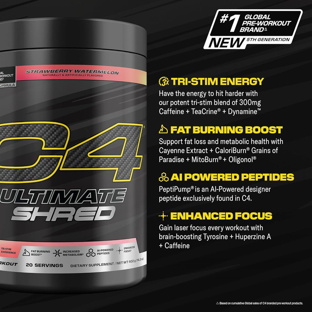 Cellucor C4 Ultimate Shred Pre Workout Powder, Fat Burner for Men & Women, Weight Loss Supplement with Ginger Root Extract, Strawberry Watermelon, 20 Servings, 12.3 Ounce (Pack of 1)