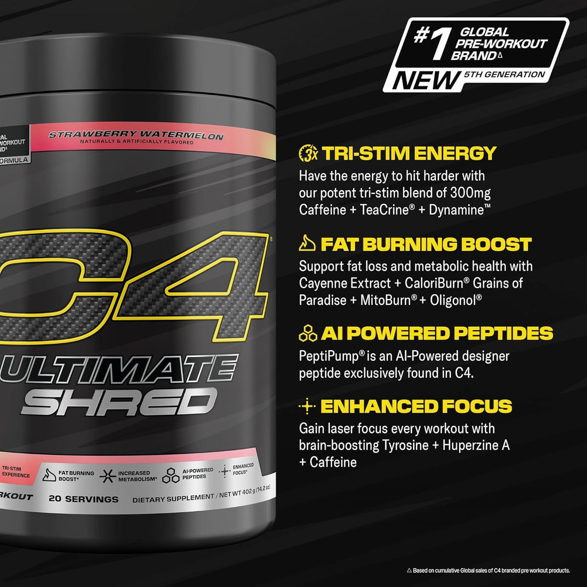 Cellucor C4 Ultimate Shred Pre Workout Powder, Fat Burner for Men & Women, Weight Loss Supplement with Ginger Root Extract, Strawberry Watermelon, 20 Servings, 12.3 Ounce (Pack of 1)