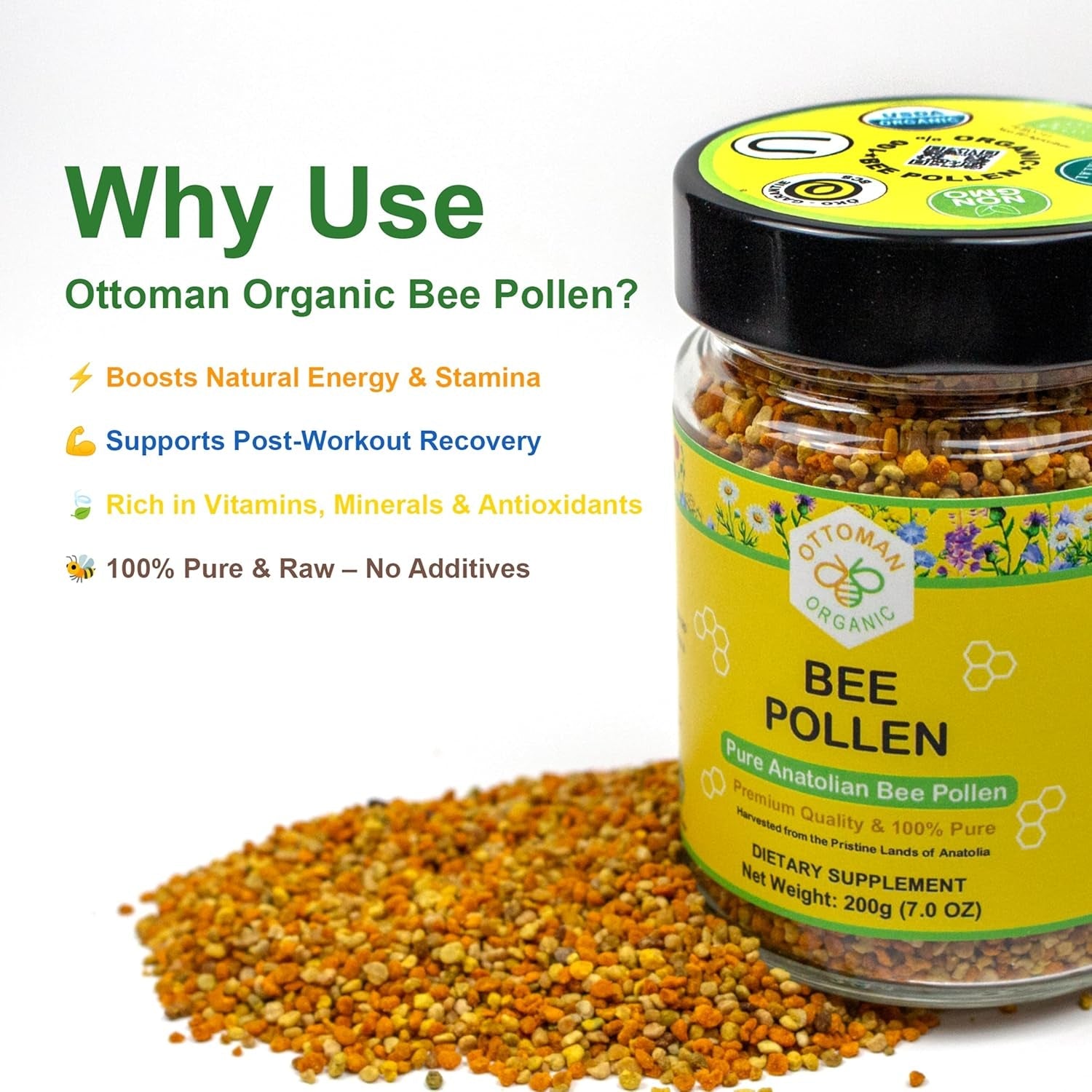 Bee Pollen – USDA & EU Organic Certified, Halal, ISO 22000 & GMP | 100% Pure Superfood, Rich in Vitamins & Minerals | Non-Gmo, Additive-Free (7 Ounce (Pack of 1))