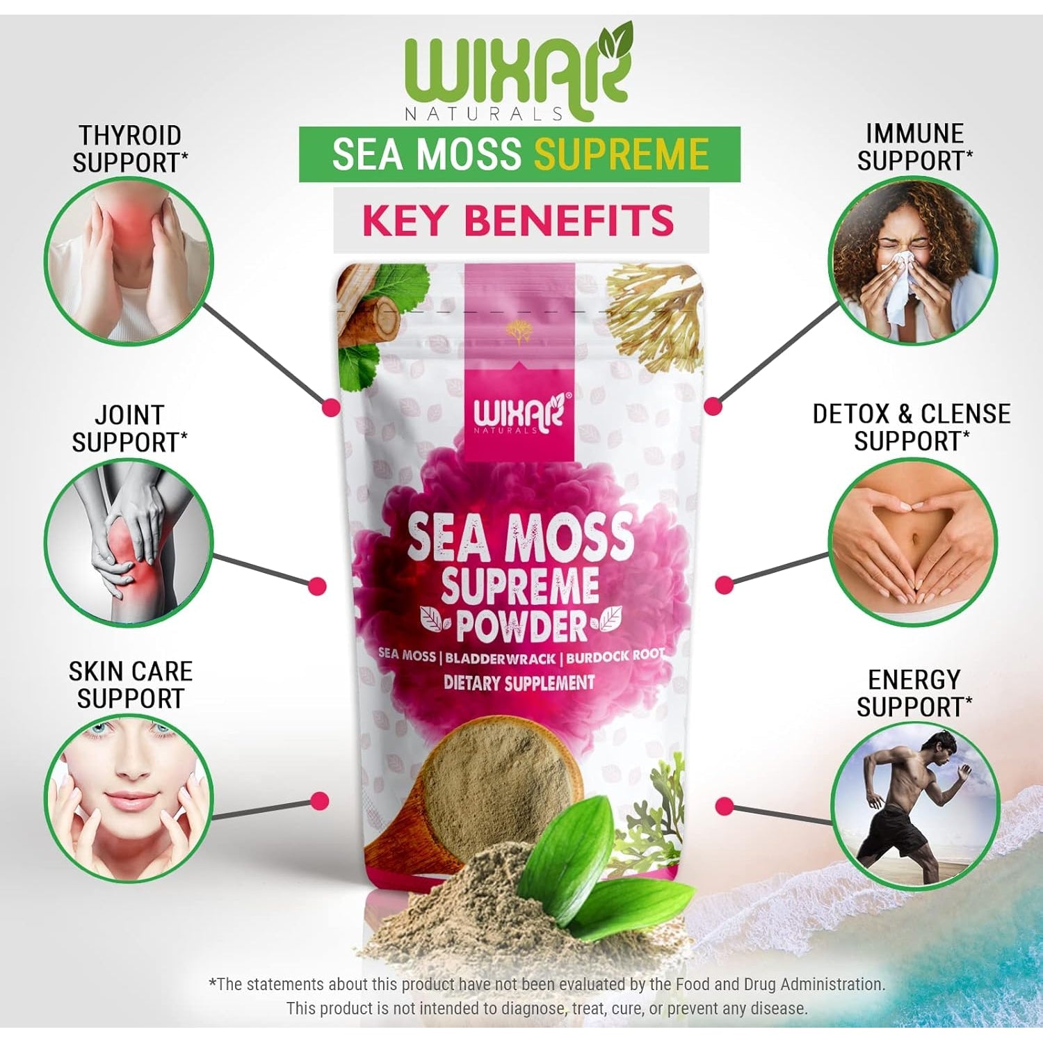 Wixar Wildcrafted Sea Moss Powder – (8 Ounces) – Natural Irish Sea Moss and Bladderwrack with Burdock Powder - Thyroid Support, Healthy Skin, Keto Detox, Joint Support Alkaline Supplements