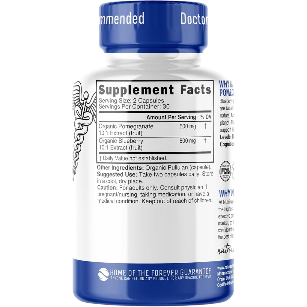 Nutri Organic Blueberry Pomegranate Supplement 1300Mg - with 800Mg 10:1 Extract & 500Mg 10:1 Pomegranate Extract - USDA Certified Organic - 60 Count Capsules - High in Anthocyanins and Polyphenols