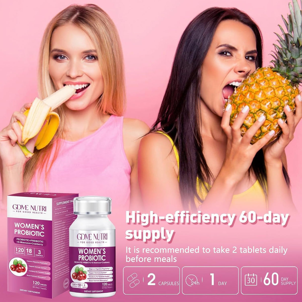 Women'S Probiotics, 120 Tablets 120 Billion CFU 18 Strains, Contains Organic Prebiotic Cranberry, Probiotic Supplement for Digestion, Immunity, Women'S Health, Soy Gluten Dairy Free