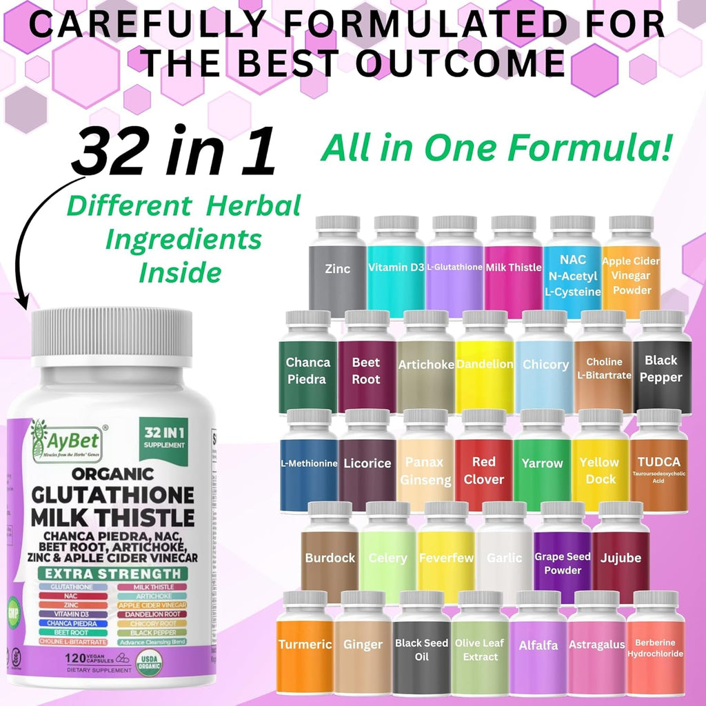 Glutathione NAC Milk Thistle Supplement | Liver Health Support | 32-In-1 Herbal Antioxidant Formula with Chanca Piedra, Turmeric, Dandelion Root, Beet Root & Zinc | Halal Vegan Organic Daily Wellness