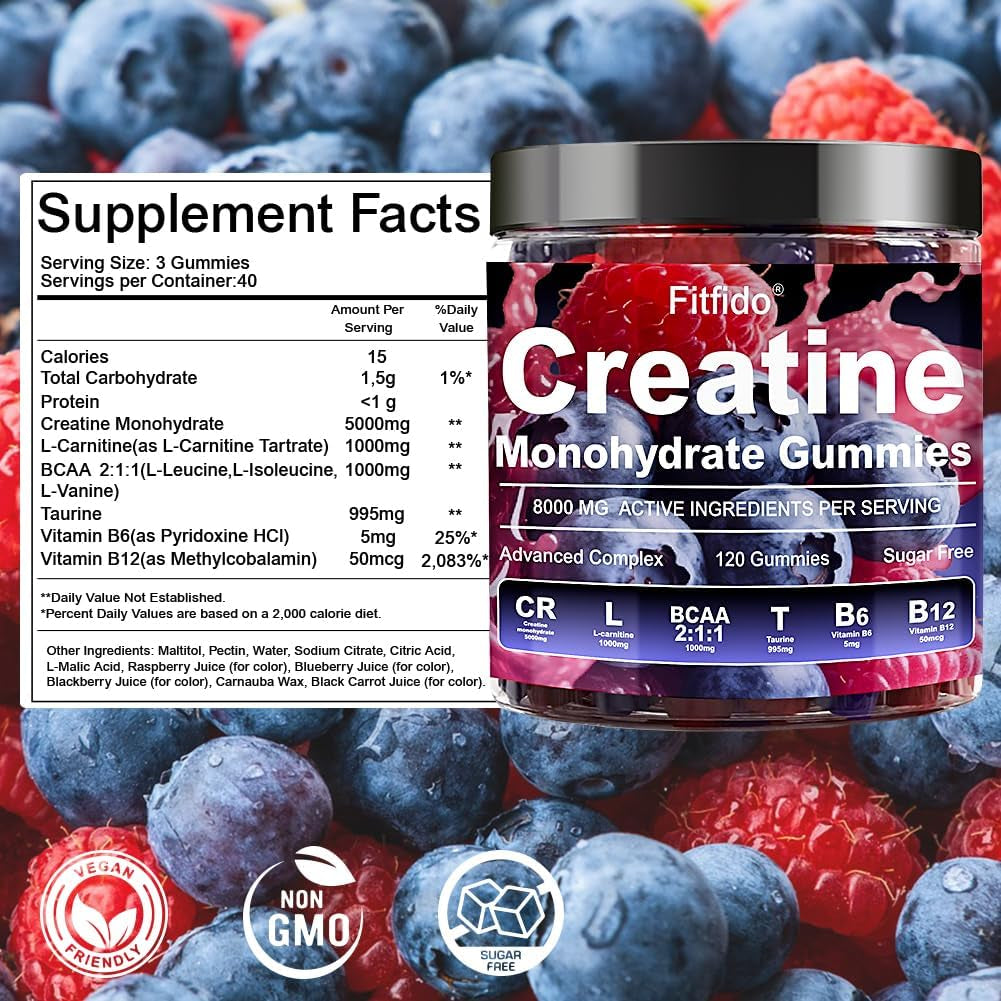 Creatine Monohydrate Gummies Complex 5000Mg for Men and Women, Containing L-Carnitine & Taurine, Build Muscle, Boost Energy, Faster Recovery, Sugar Free & Vegan, Raspberry & Blackberry, 120 Count