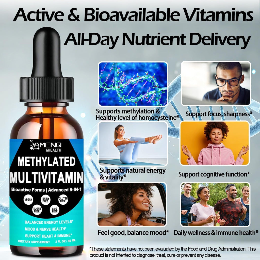 Methylated Multivitamin for Men Women & Kid, Advanced 8-In-1 Methylated B Complex W. VIT C D B12 Folate & TMG for MTHFR Energy Brain, Daily Methylated Vitamin Liquid Drop 6X Stronger than Pill Capsule