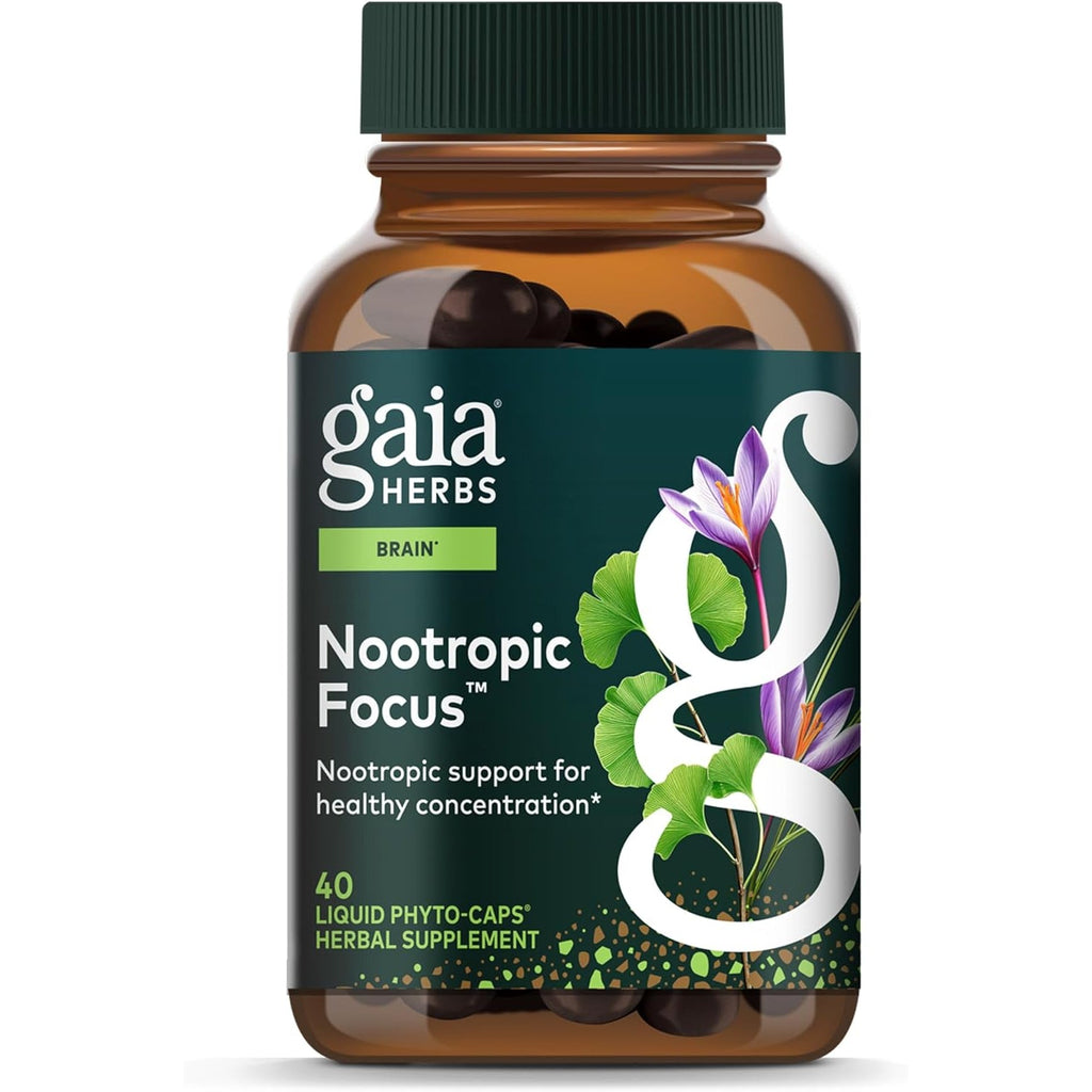 Gaia Herbs Nootropic Focus - Brain & Cognitive Support Supplement to Help Maintain Healthy Concentration* - with Saffron, Lemon Balm & Spearmint - 40 Liquid Phyto-Capsules (20 Servings)
