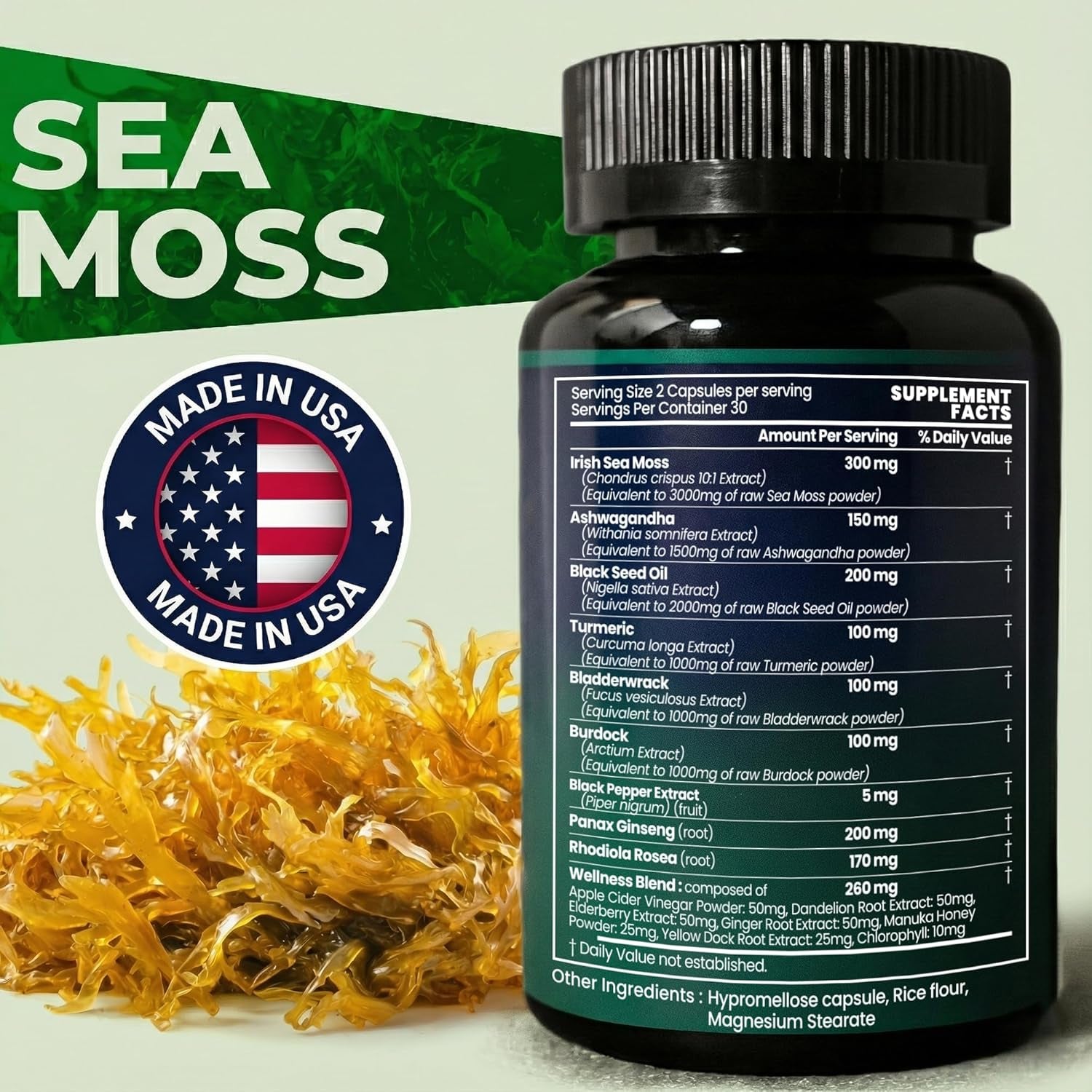 Sea Moss Black Seed Oil Ashwagandha Ginger - Advanced Irish Sea Moss Capsules All in One Supplement with Seamoss Black Seed Oil Ashwagandha Burdock Root Bladderwrack - Pills for Energy, Immune, Gut