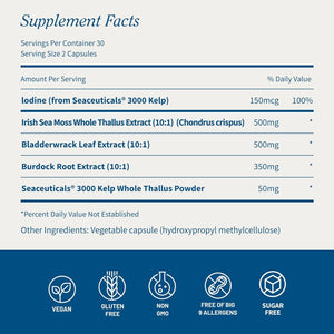 Snap Supplements Irish Sea Moss with Bladderwrack, Burdock Root & Iodine – Natural Sea Moss Supplement to Support Gut Health, Energy & Healthy-Looking Skin, 60 Vegan Capsules (1 Month Supply)