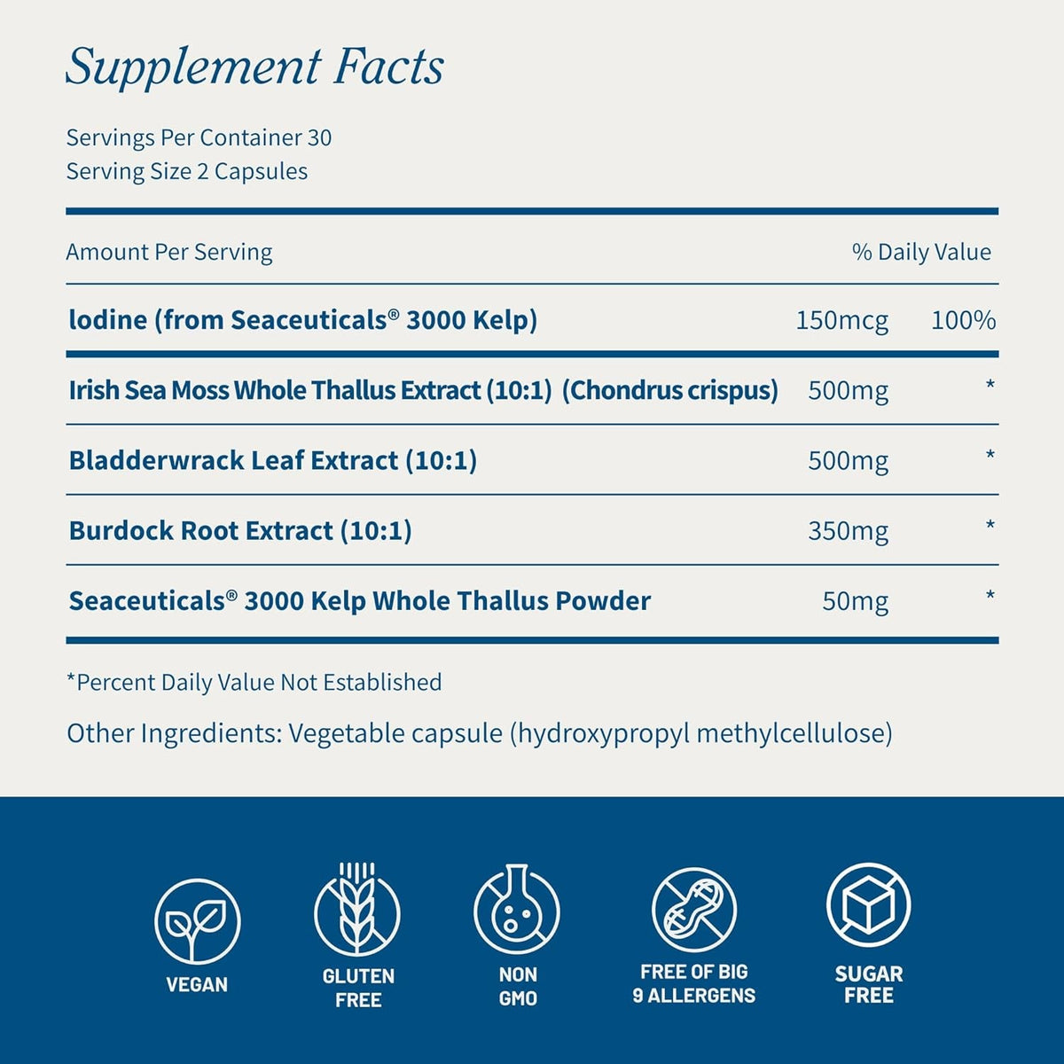 Snap Supplements Irish Sea Moss with Bladderwrack, Burdock Root & Iodine – Natural Sea Moss Supplement to Support Gut Health, Energy & Healthy-Looking Skin, 60 Vegan Capsules (1 Month Supply)