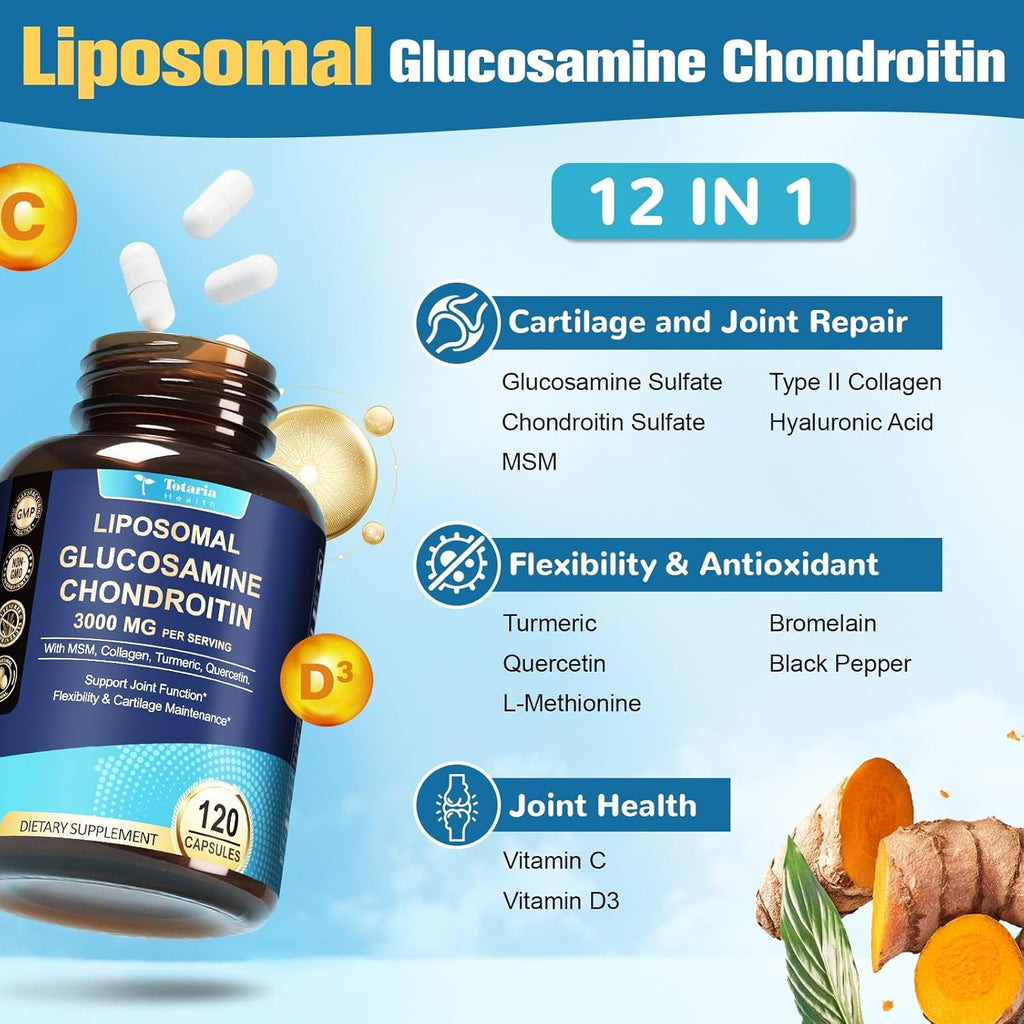 Totaria Liposomal Glucosamine Chondroitin MSM Collagen | 3000 MG | Joint Support Supplement Bone Health Support Flexibility & Cartilage Maintenance for Men & Woman Supplement, Non-Gmo